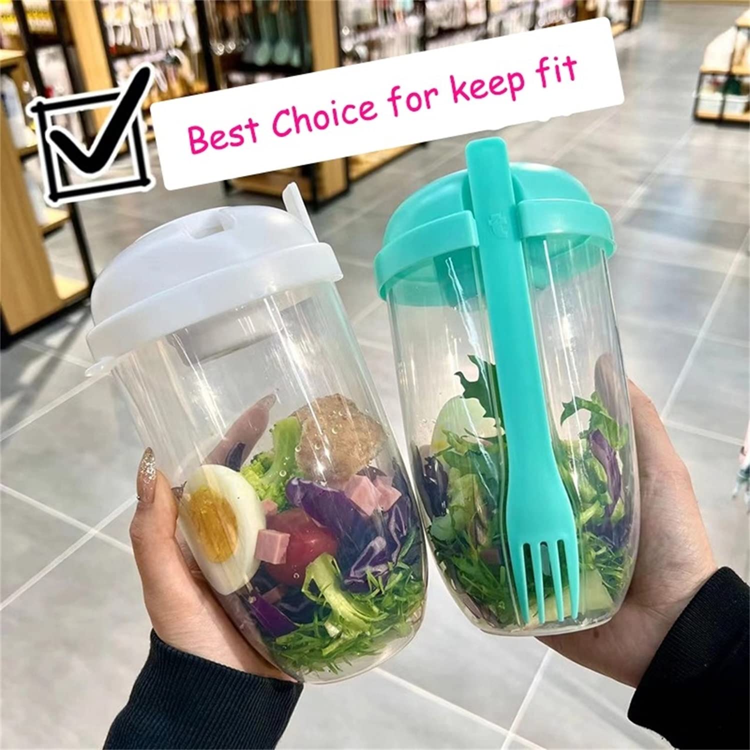 2022 Portable Salad Shaker Cup with Fork & Dressing Container - BPA-Free Meal Prep Container with Washing Brush for Healthy Eating - Perfect for Office Lunch, Gym, Picnics & On-the-Go (7.48×4.33×4.33in, E-Pink+Green)