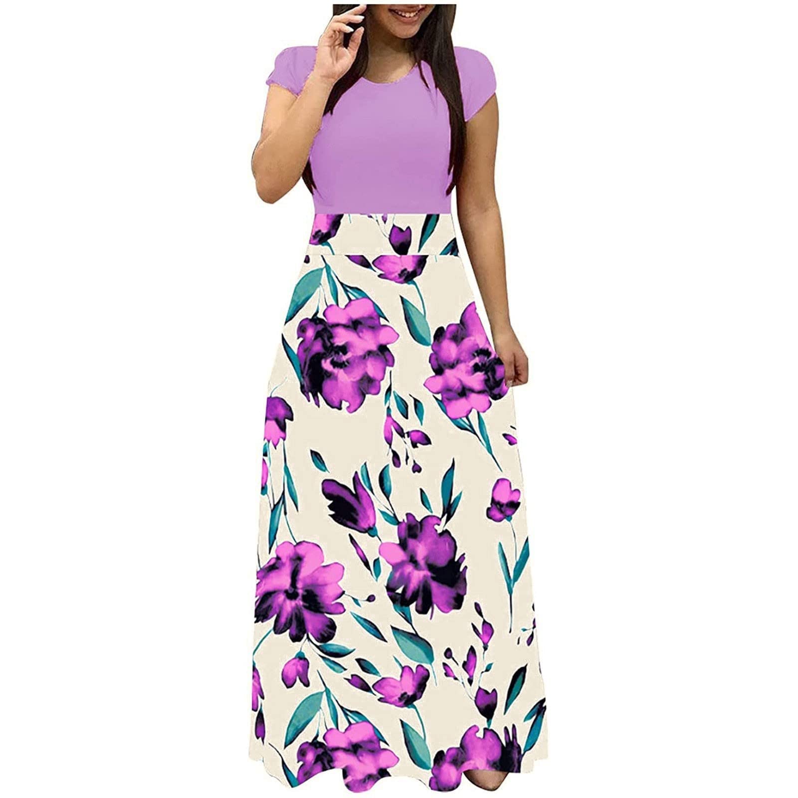 RIJJTRP Women's Elegant Floral Print Wedding Guest Dress - Plus Size Long Formal Dress with V-Neck & Short Sleeves - Perfect for Bridal Showers, Cocktail Parties & Special Occasions