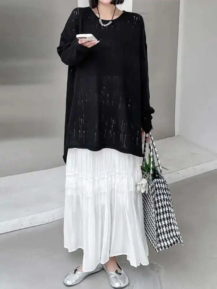 Black Hollow Out Oversized Knit Sweater for Women - Round Neck Long Sleeve Pullover | 2025 New Fashion Spring Autumn Casual Wear | Perfect for Office, Dating & Weekend Outfits (Style 1DJ0057)