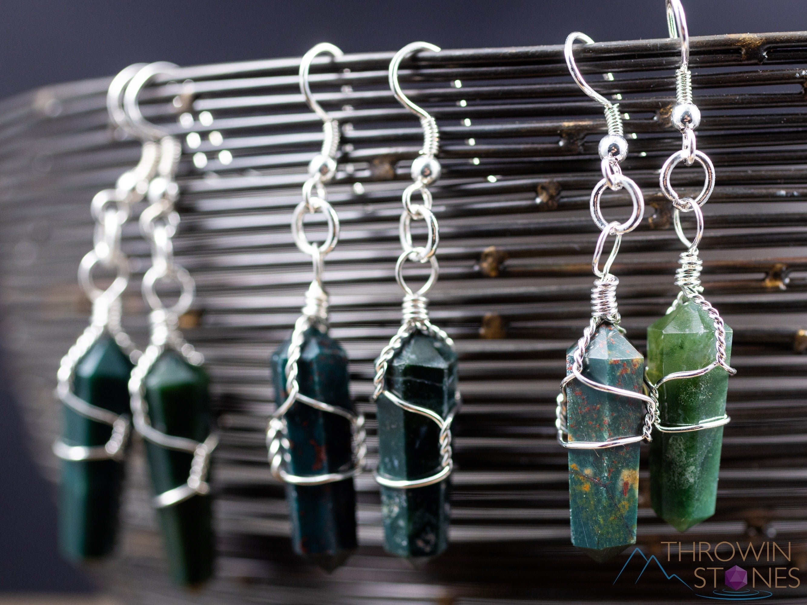 HELIOTROPE BLOODSTONE Crystal Dangle Drop Earrings - Handmade Wire Wrapped Gemstone Jewelry with Crystal Points | Perfect for Boho Fashion, Spiritual Healing & Special Occasions (E0552)