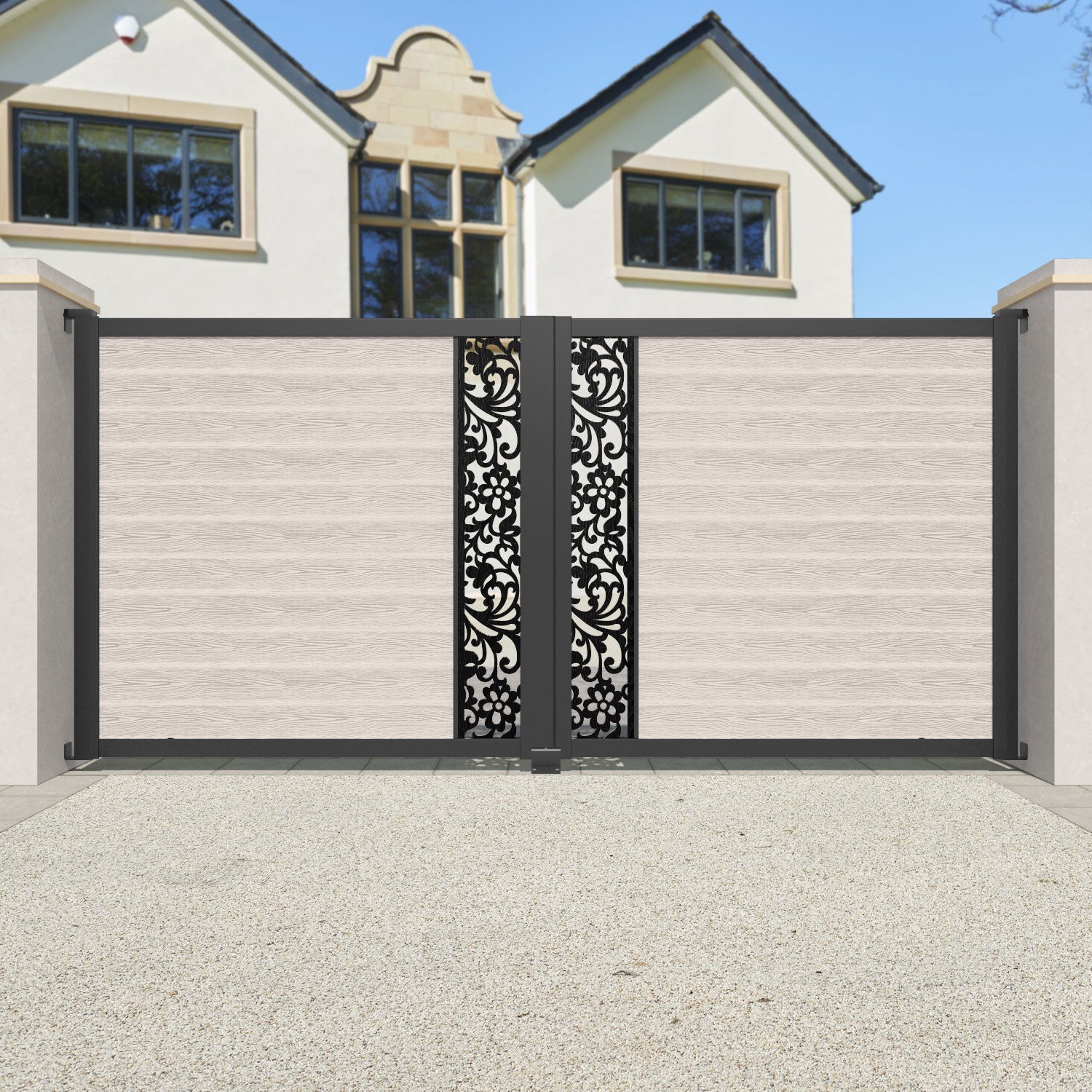 Classic Eden Straight Top Driveway Gate - Mid Stone Design with Middle Screen | Durable & Stylish Driveway Entrance Solution for Homes & Commercial Properties