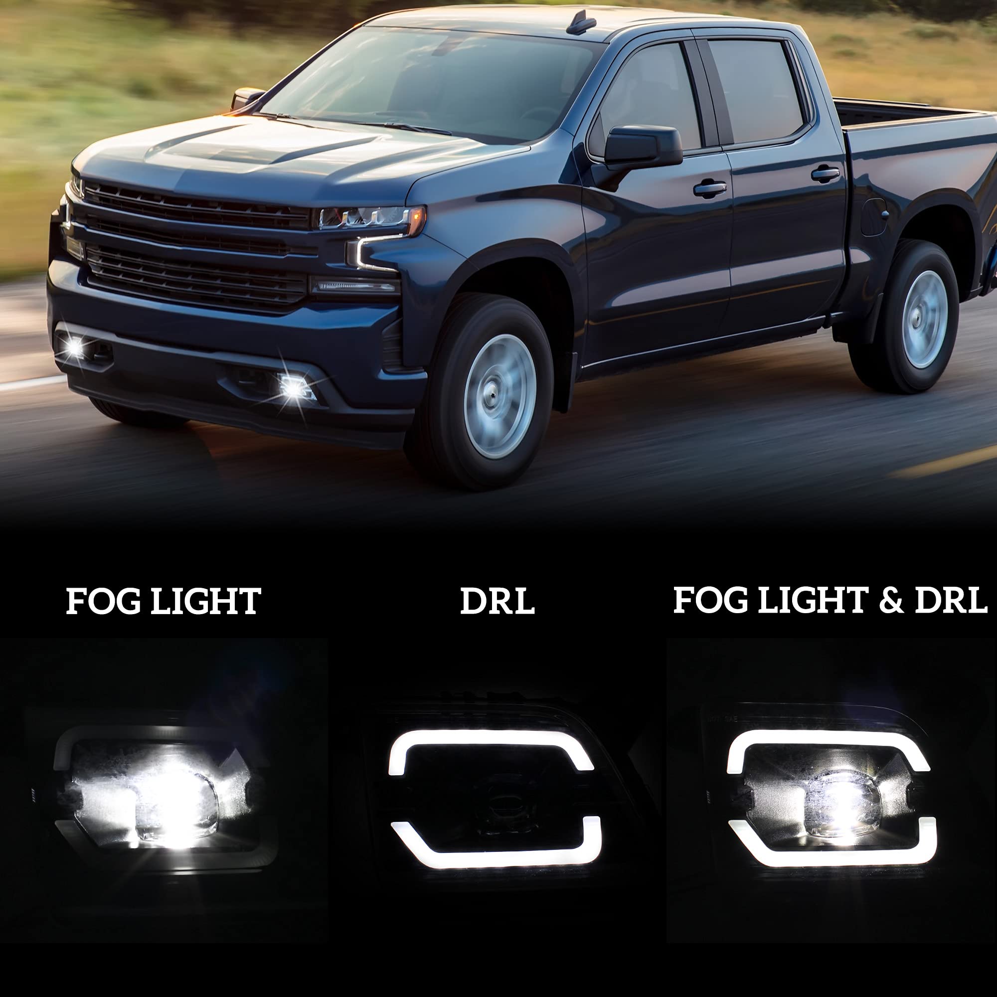 KEWISAUTO LED Fog Lights & Daytime Running Lights (DRL) for Chevy Silverado 1500 2019-2022, 2500HD & 3500HD 2020-2022 - Bumper Driving Fog Lamps Accessories (2PCS) - Perfect for Off-Roading, Night Driving & Enhanced Visibility