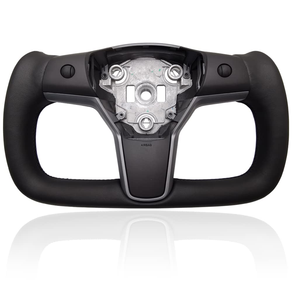 Yoke Racing Style Steering Wheel for Tesla Model 3 & Model Y (2017-2020) - Carbon Fiber Custom Steering Wheel Accessories, Black Leather Sides, No Heating - Perfect for Racing Enthusiasts & Car Interior Upgrades