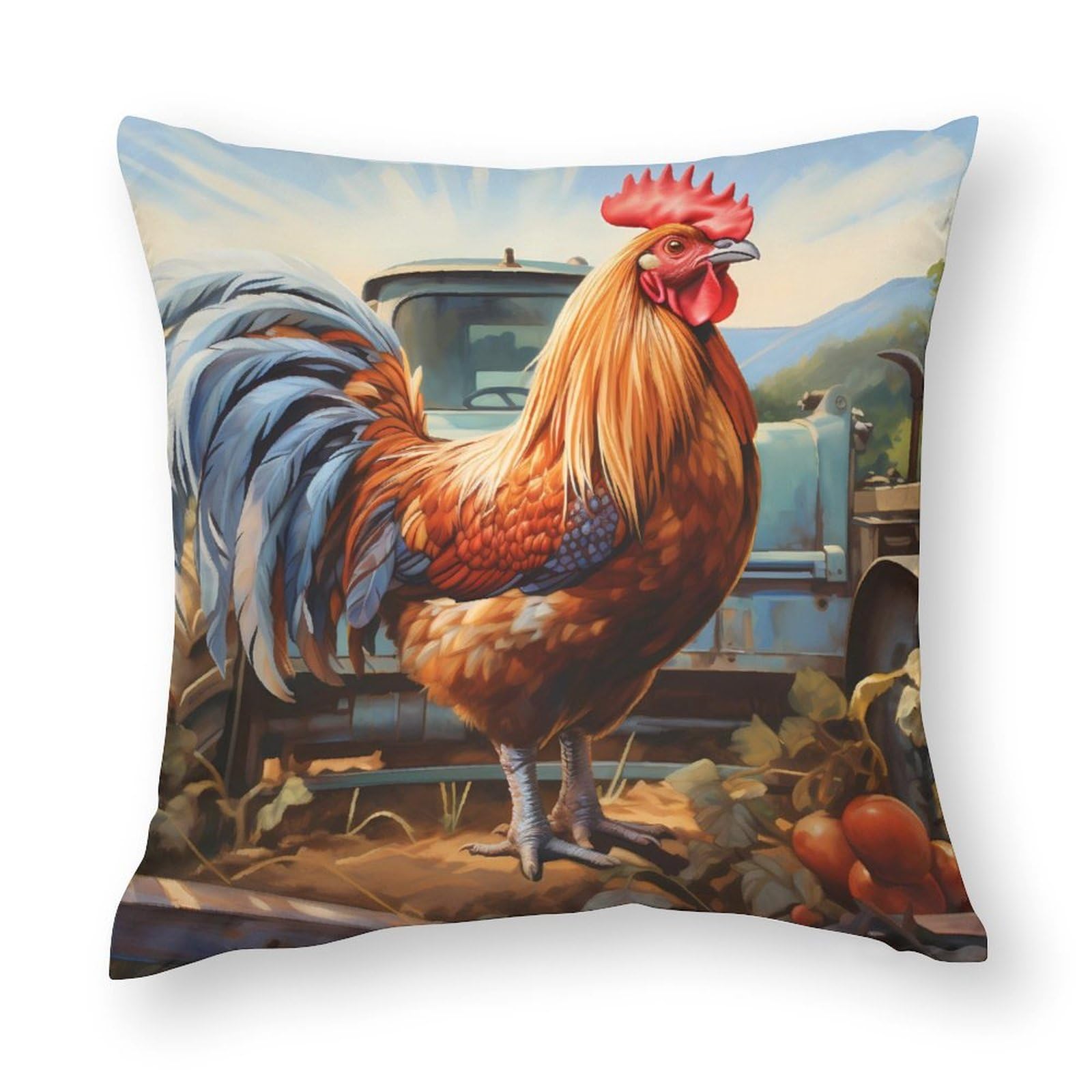 Funny Rooster Throw Pillow Covers - 18x18 Inch Square Decorative Cushion Cases for Sofa, Couch, Living Room & Car - Farmhouse Home Decor & Funny Gift Idea