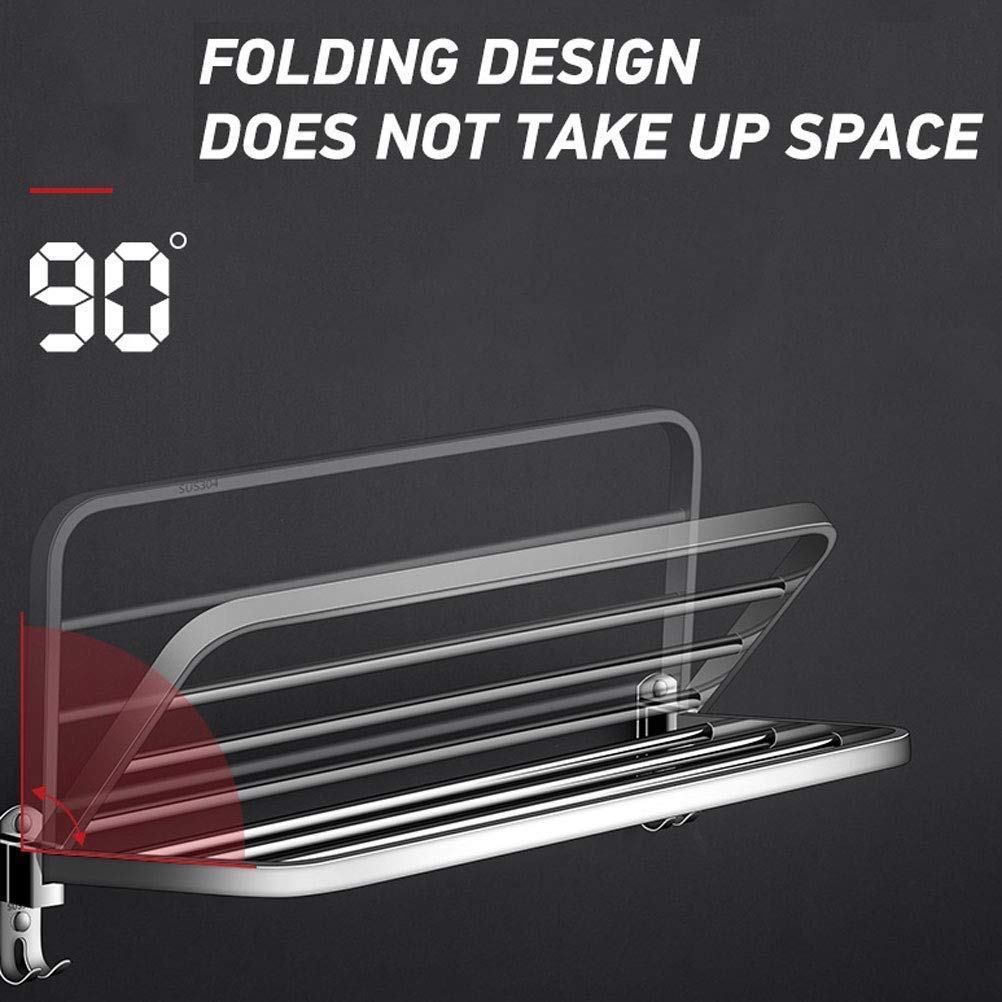 Sturdy Wall Mounted Single Layer 90 Degree Folding Towel Rack with 3 Hooks & Storage Shelf - 50Cm Bathroom Organizer for Towels, Robes & Accessories - Perfect for Small Spaces, Apartments & Modern Bathrooms
