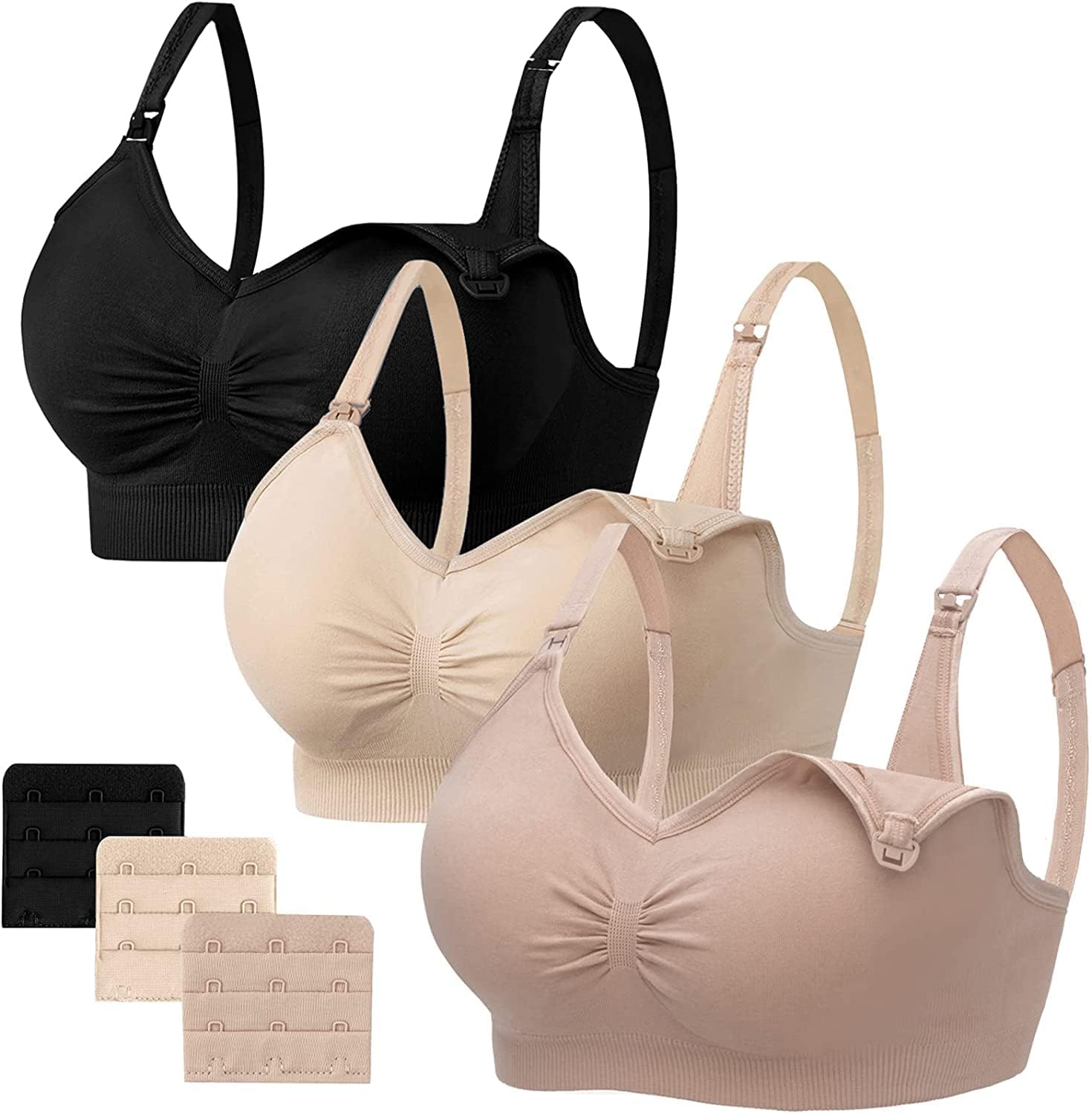 HBselect 3 Pack Wireless Nursing Bra - Seamless Maternity & Breastfeeding Bralette with Removable Pads & Extenders - Comfortable for Sleeping, Nursing, and Daily Wear