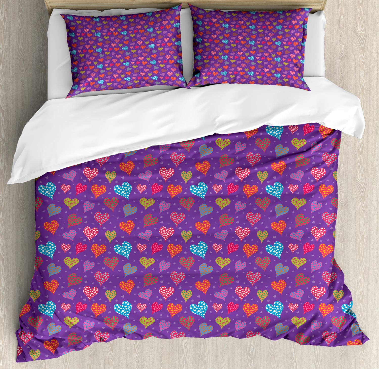 Ambesonne Hearts Duvet Cover Set - Colorful Big & Small Hearts Romantic Valentine's Day Print Bedding Set | 2 Duvet Covers + 4 Pillowcases, 2 Pack California King Size, Multicolor | Perfect for Valentine's Day Gifts, Couples Bedroom Decor & Cozy Home Makeover