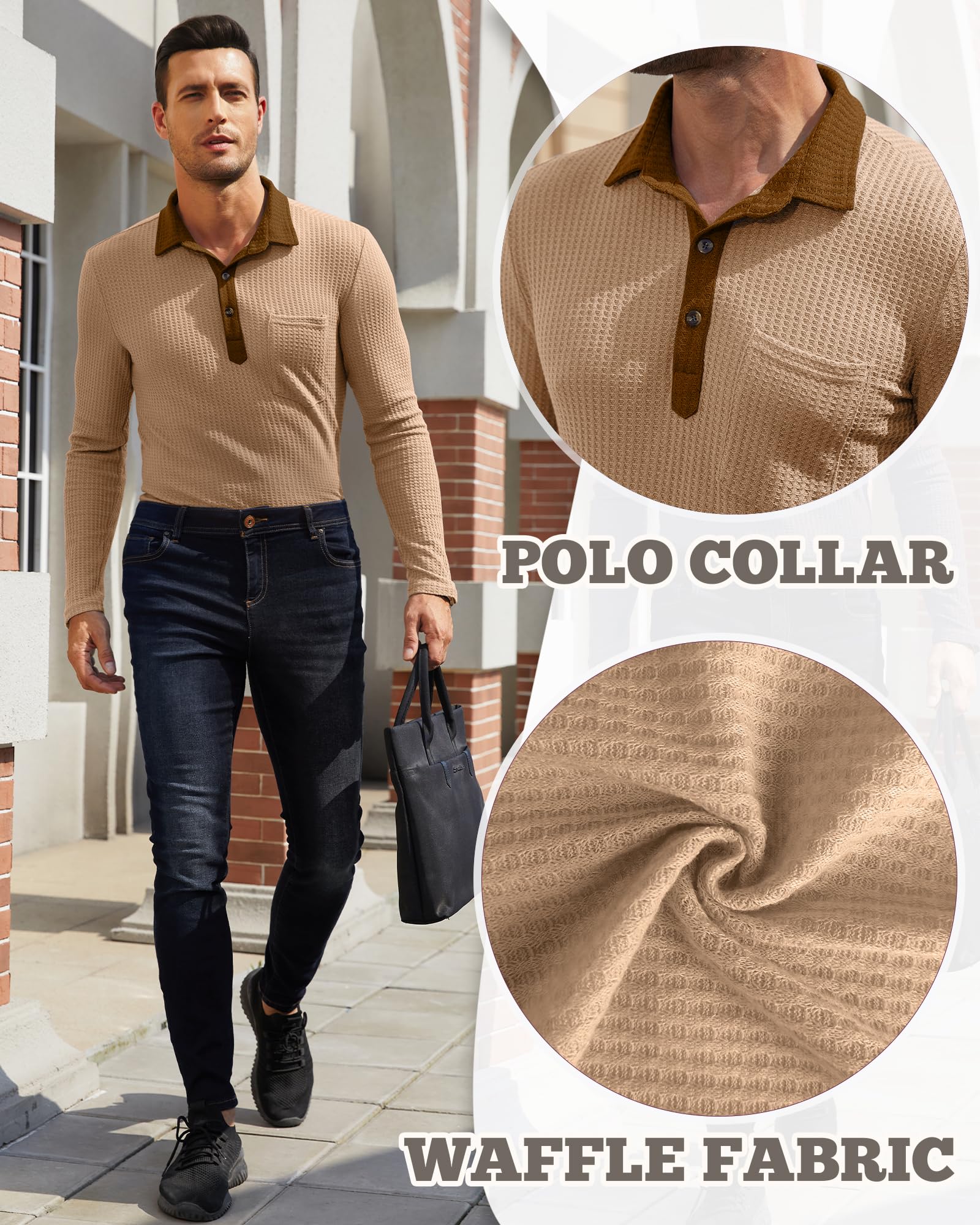 Men's Slim Fit Long Sleeve Knit Polo Shirt - Lightweight Waffle Texture Casual Shirt with Pocket | Perfect for Office Wear, Business Casual & Weekend Outings
