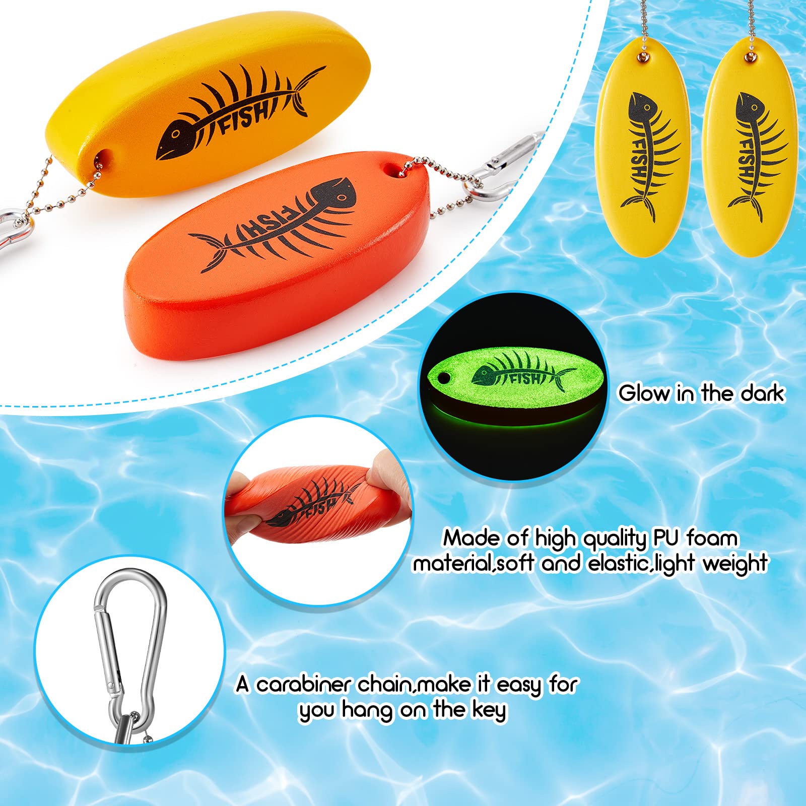 **Glow in the Dark Floating Keychain – 2 Pack Oval Foam Key Rings for Fishing, Boating & Outdoor Sports (Yellow & Red) – Waterproof & Highly Visible for Nighttime Safety**