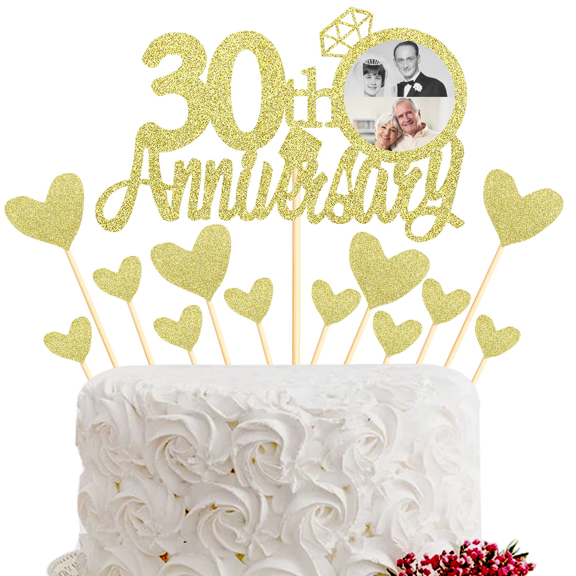 30th Anniversary Cake Topper Set - 13pcs Gold Glitter Cake Decorations with Small Hearts for Wedding Anniversary Party | Elegant Cake Topper for 30th Wedding Anniversary Celebrations, Birthdays & Special Events
