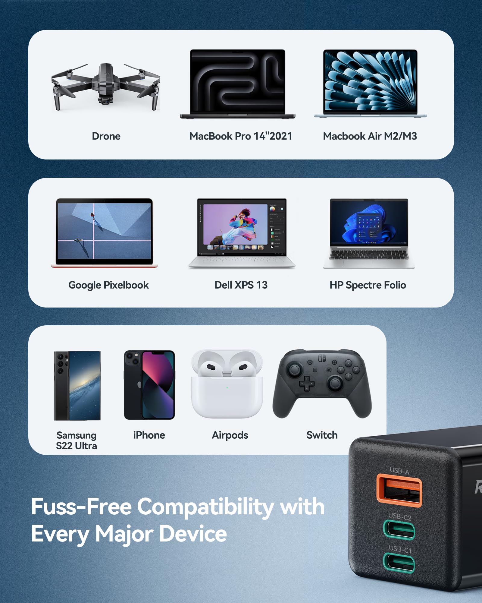 Ruko PD65W 3-Port GaN Fast Charger Block - Compact Foldable Wall Charger for iPhone 16/15, MacBook Pro/Air, Galaxy S24, Pixel, Drone, Switch - Fast Charging for Travel, Office & Home Use - Black