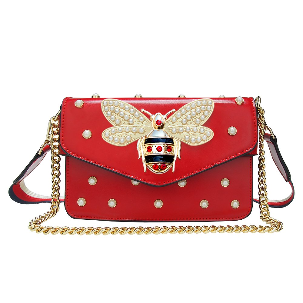 Stylish Bee Crossbody Bag with Pearls - Women's PU Leather Purse for Daily Use