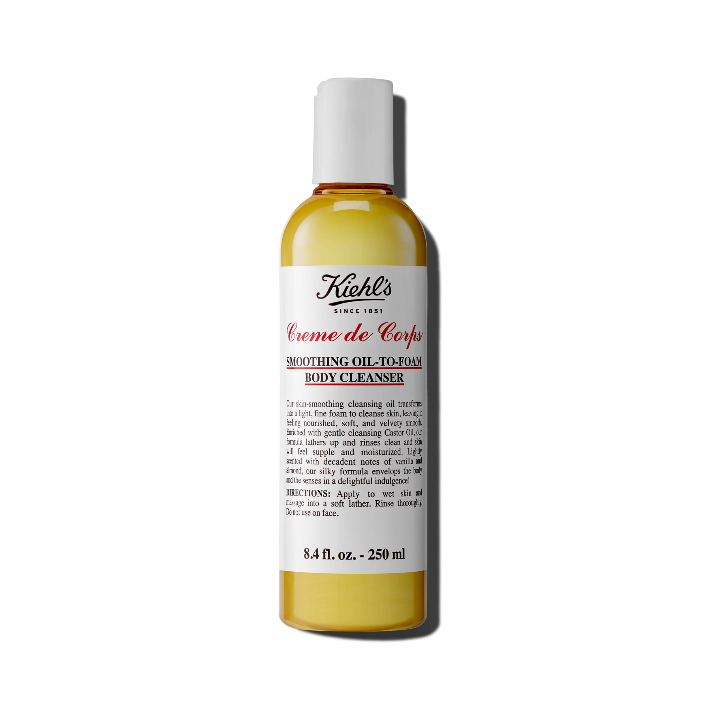 Kiehl's Creme de Corps Smoothing Oil-to-Foam Body Cleanser - Moisturizing Body Wash with Castor Oil & Grape Seed Oil for Smooth & Supple Skin - Vanilla & Almond Scent - Suitable for All Skin Types - 8.4 fl oz - Perfect for Daily Shower & Spa-Like Skin Care Routine