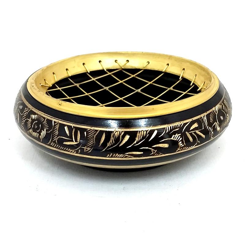 Antique Brass Charcoal Burner with Handcrafted Etching - Elegant Black Finish for Home Decor, Outdoor BBQ & Fireplace Use