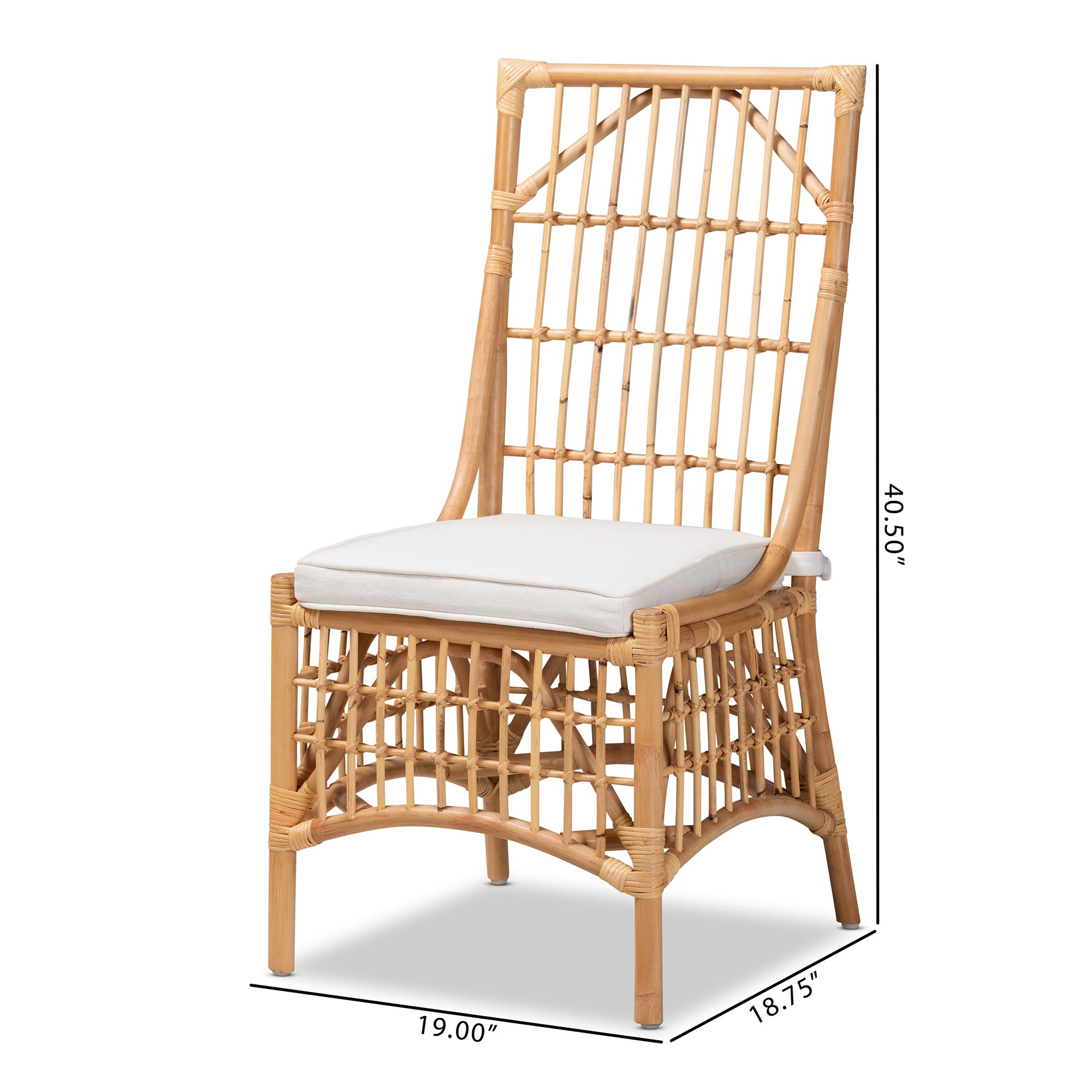 Baxton Studio Rose Dining Chair - White Fabric Upholstered with Natural Brown Rattan - Modern Farmhouse Dining Room Chair for Kitchen, Breakfast Nook, and Outdoor Patio
