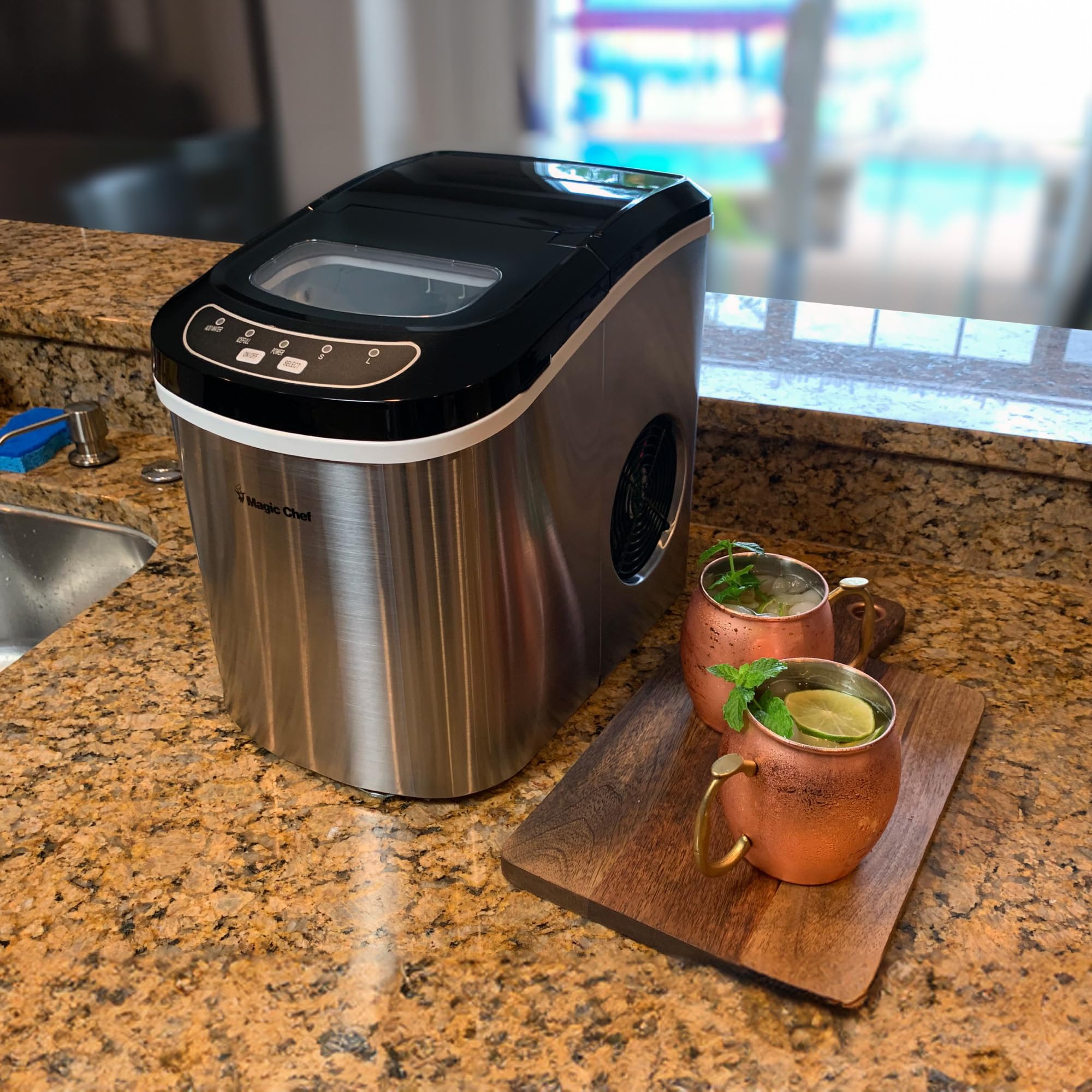 Magic Chef Portable Countertop Ice Maker - 27lb Capacity Stainless Steel Small Ice Machine for Kitchen, Home Bar & Parties | Perfect for Cocktails, Beverages & Outdoor Gatherings