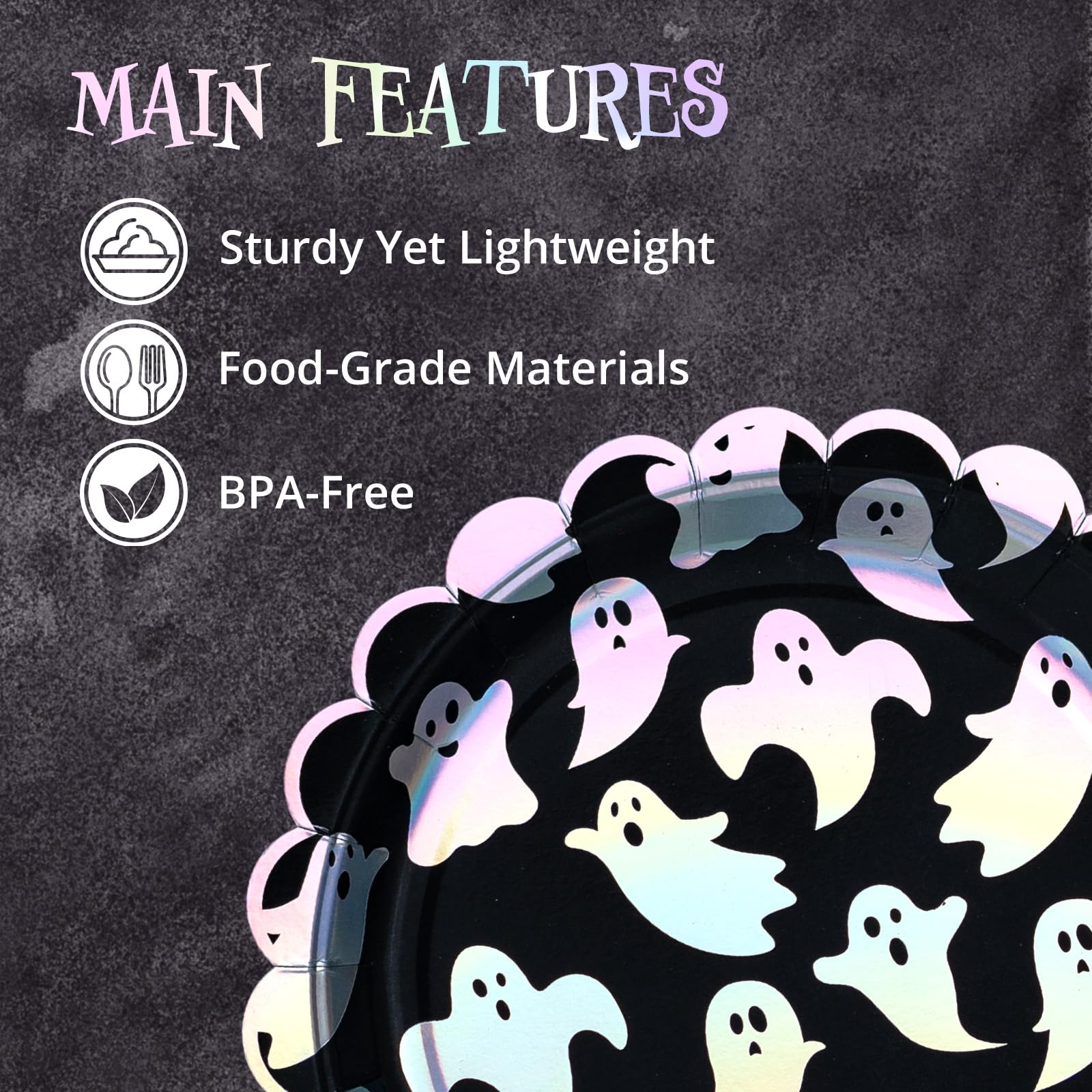 50-Count Halloween Paper Plates - Disposable Scalloped Dinner Plates with Ghost Pattern & Iridescent Silver Foil - Perfect for Halloween Parties, Trick-or-Treat Events & Spooky Dinner Decorations