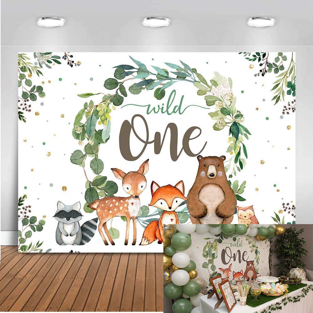 Wild One Backdrop - Woodland Birthday Greenery Decor for Kids 1st Birthday Party | Safari Jungle Theme Photography Background (7x5ft) | Perfect for Baby Boy's First Birthday, Baby Shower & Nursery Decor
