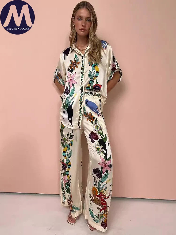 2 Piece Women's Outfit - Bohemian Print Half Sleeve Shirt & Wide Leg Pant Set | Summer Casual Loose Fit Matching Set for Beach, Vacation & Everyday Wear