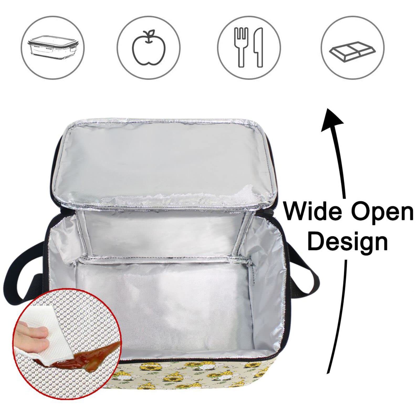 Insulated Lunch Bag Cooler with Gnome Sunflower Bee Design - Reusable Lunch Box for School, Office, Travel & Picnic - Perfect for Women, Men & Kids - Keep Food Fresh for Hours