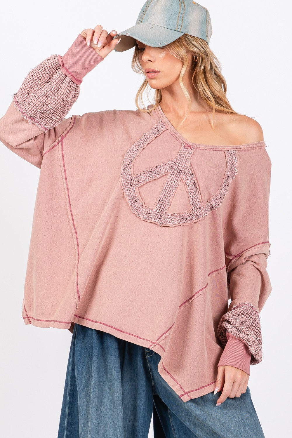 Boho Beach Peace Sign Mineral Wash Terry Top - Soft & Stylish Women's Casual Shirt for Summer, Vacations & Music Festivals