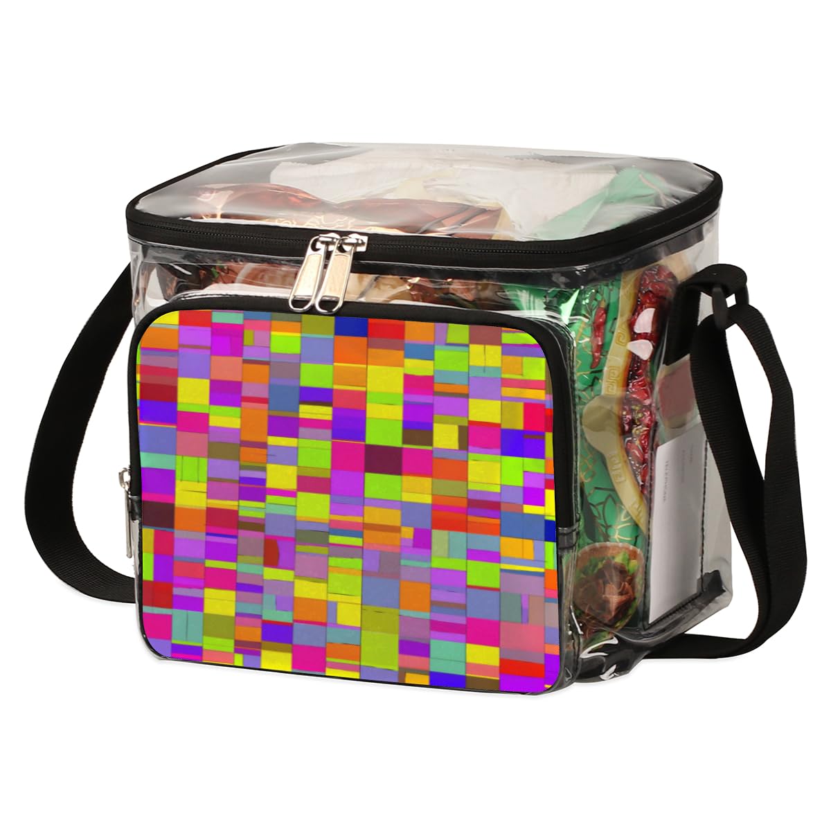 Colorful Geometric Block Texture Clear Tote Bag with Handles - Transparent Crossbody Shoulder Lunch Bag for Women - Perfect for Outdoor Travel, Picnic, Concerts & Sports Events (Stadium Approved)
