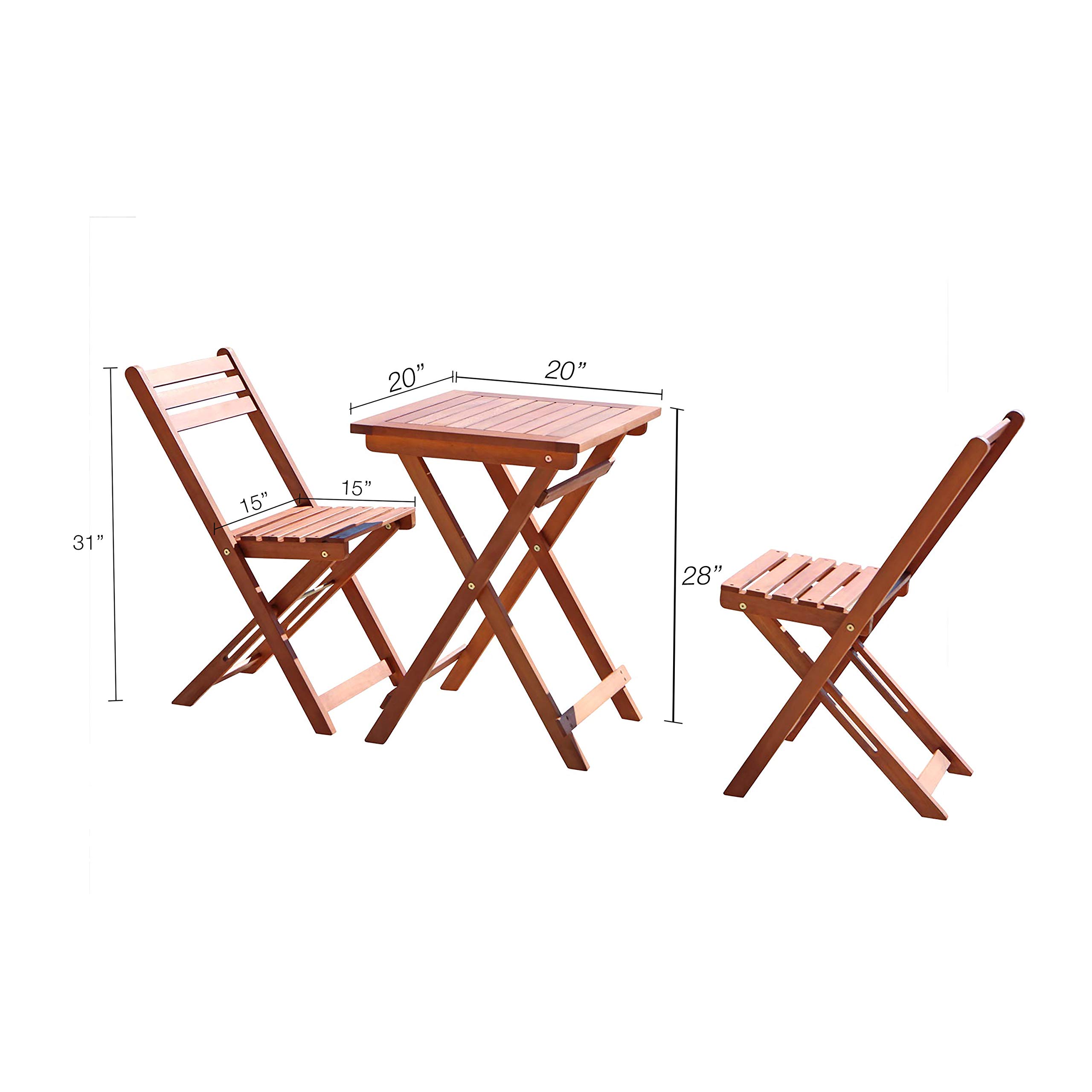 Vifah V1381 Outdoor Wood Folding Bistro Set - Square Table & 2 Chairs - Patio, Garden, Balcony Furniture for Small Spaces - Perfect for Coffee, Dining & Relaxing