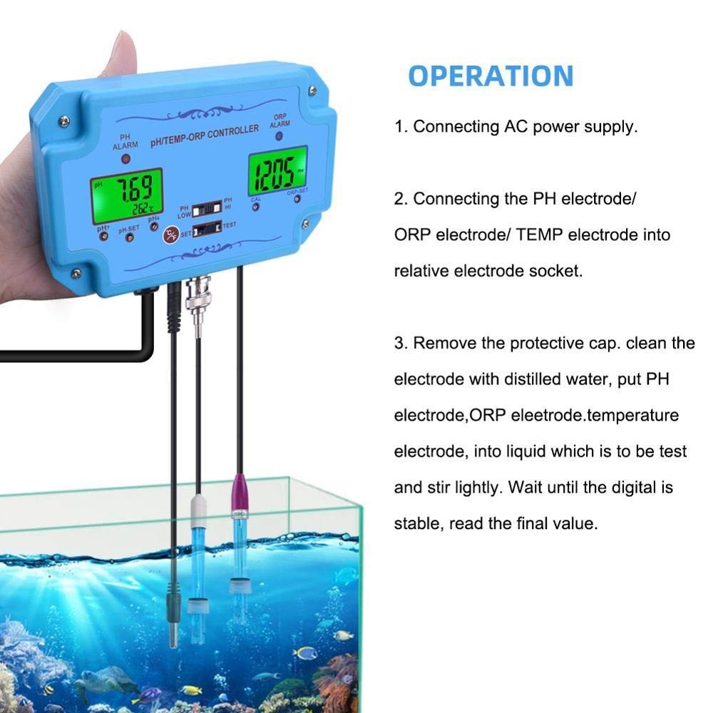 3-in-1 Digital Water Quality Tester - pH/Temperature/ORP Controller with BNC Probe for Aquarium Monitoring | Accurate Water Testing Device for Fish Tanks, Pools & Hydroponics