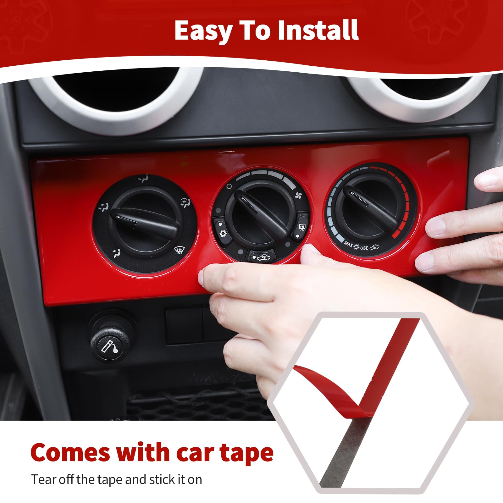 Red RT-TCZ Dashboard Center Console Control Panel Trim Cover for Jeep Wrangler JK JKU (2007-2010) - Interior Accessories Set of 4pcs - Upgrade Your Ride for Off-Road Adventures & Daily Commuting