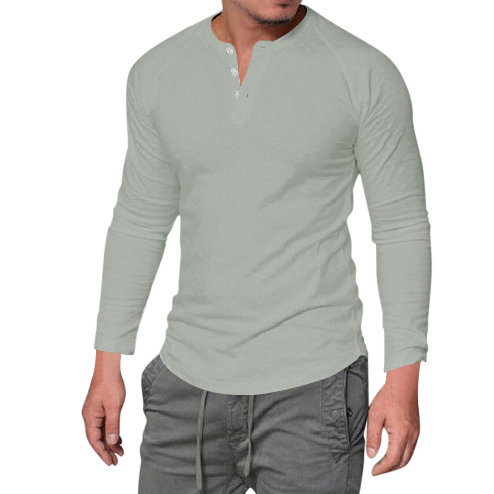 Men's Long Sleeve Round Neck Solid Color Button-Up Pullover Casual T-Shirt - Comfortable Cotton Shirt for Everyday Wear, Work & Outdoor Activities