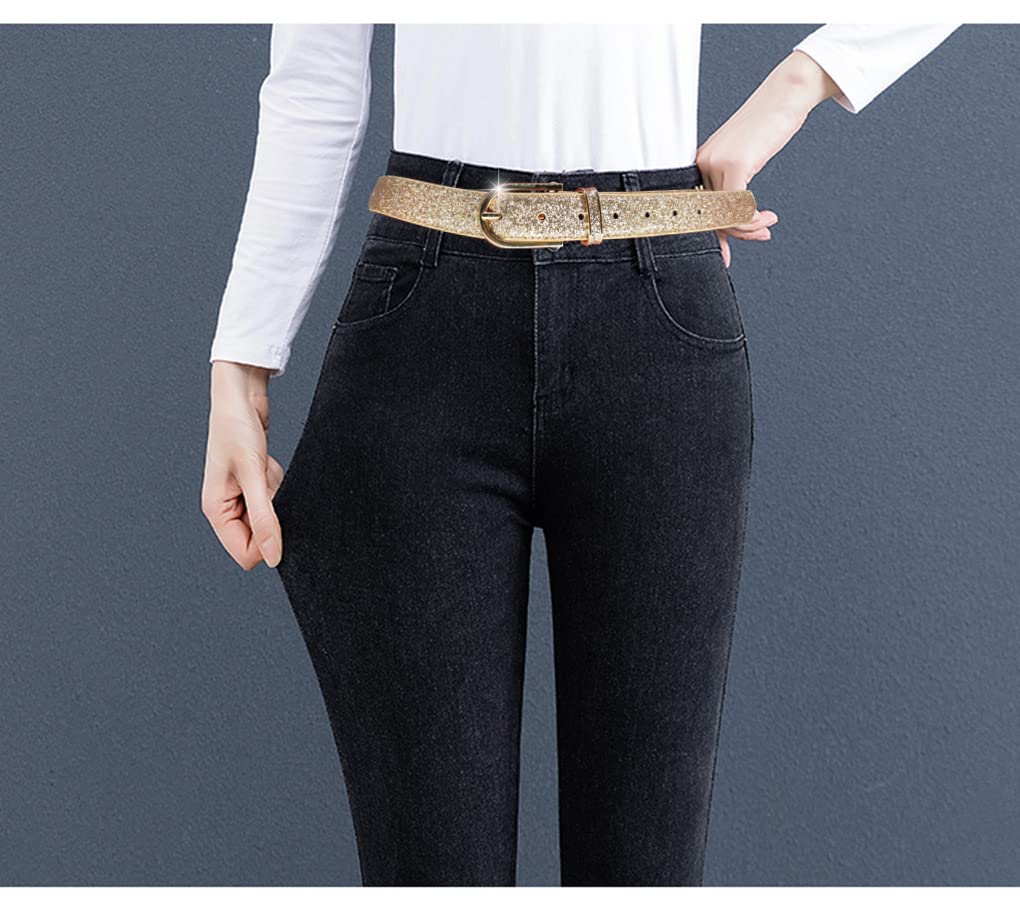 Sequin Studded Women's Leather Belts for Jeans with Gold Buckle | Stylish Fashion Accessory for Casual Outfits, Parties & Date Nights