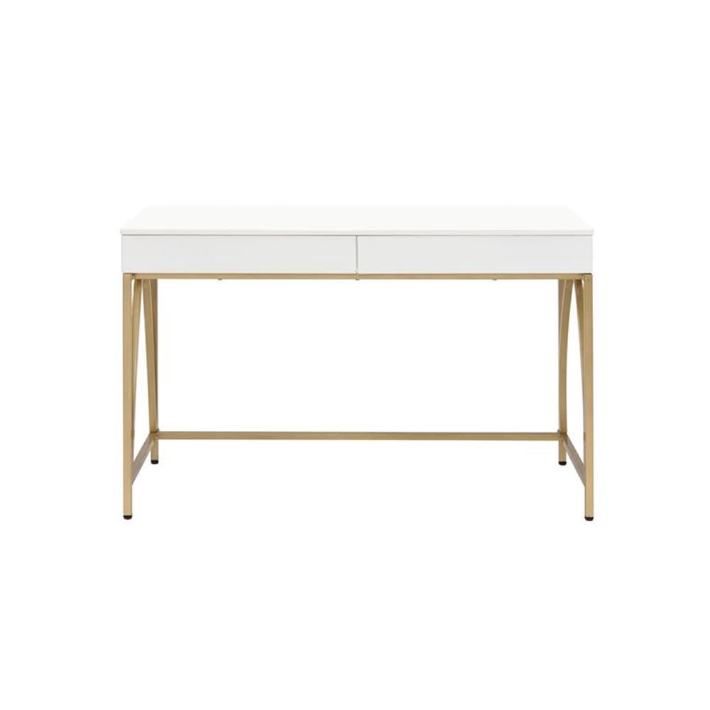 BOWERY HILL Contemporary Vanity Desk - White High Gloss Finish with Gold Accents | Modern Dressing Table for Bedroom, Makeup Station & Home Office