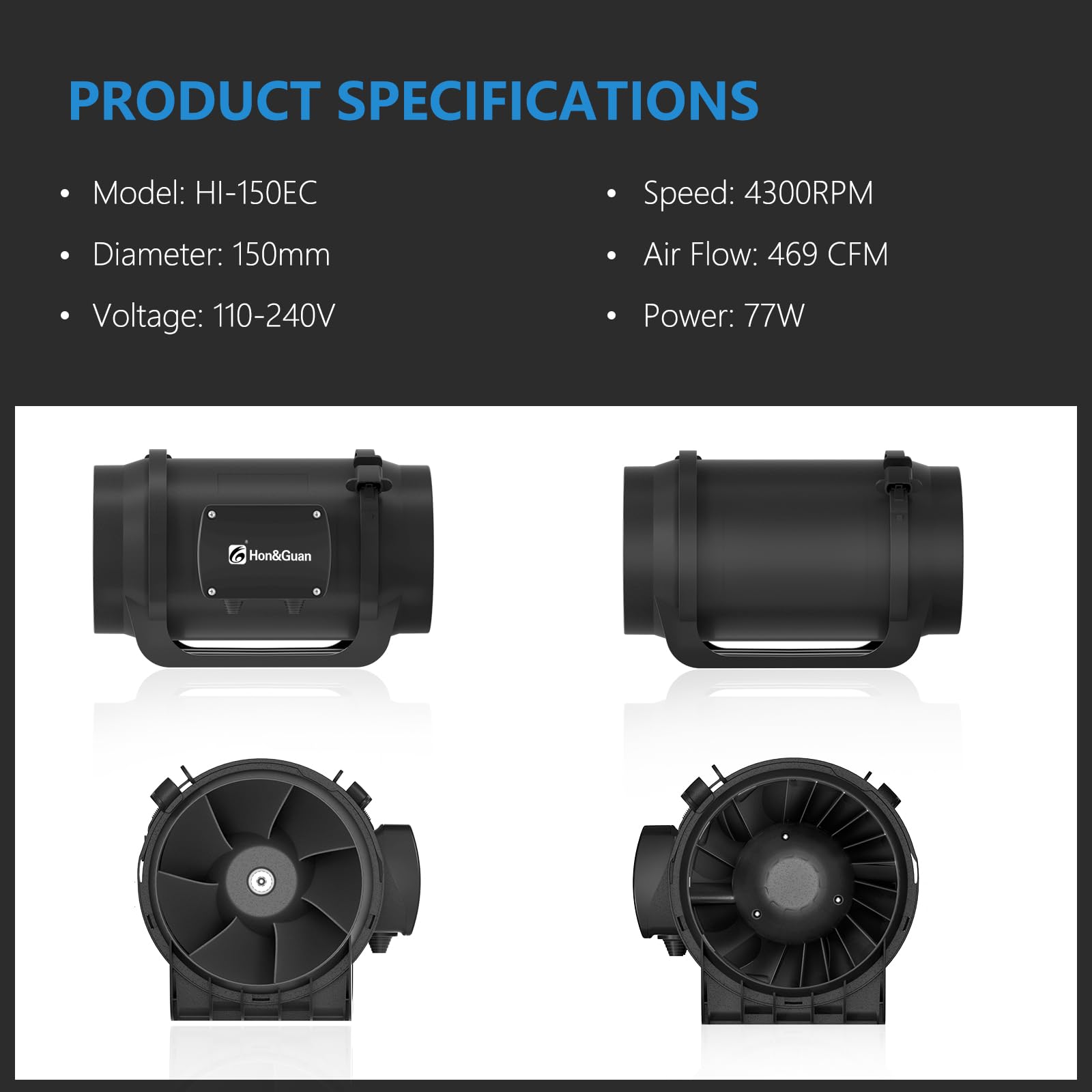 Hon&Guan 6 Inch Inline Duct Fan 469 CFM - Variable Speed EC Motor with Controller - HVAC Booster for Grow Tents, Hydroponics, Heating & Cooling Systems - Perfect for Indoor Gardening & Ventilation Solutions