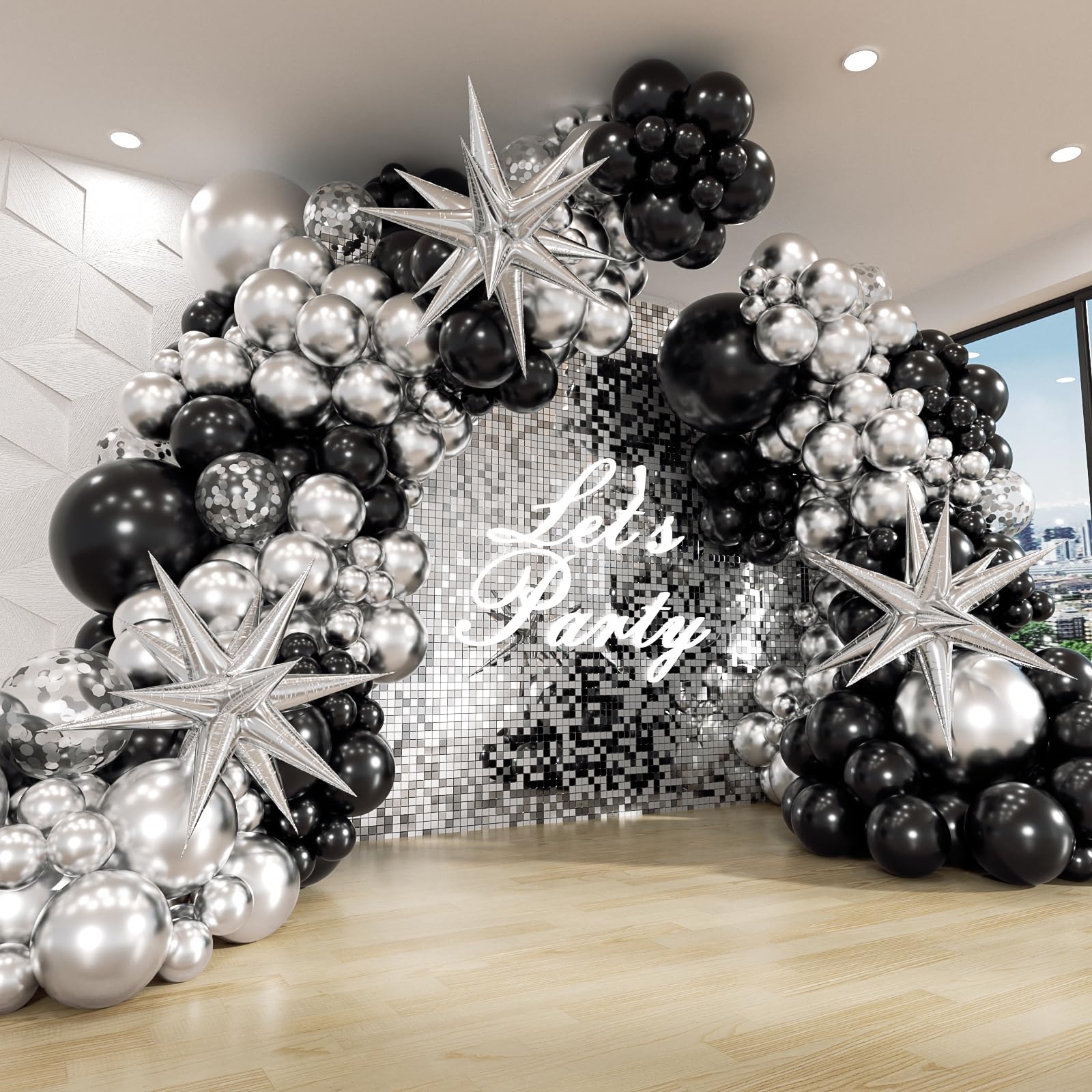 FOTIOMRG Black & Silver Balloon Garland Arch Kit - 3pcs Star Balloons Included | Metallic Party Decor for Birthday, Graduation, Baby Shower, Disco & New Year Celebrations | Perfect for Indoor & Outdoor Event Decorations