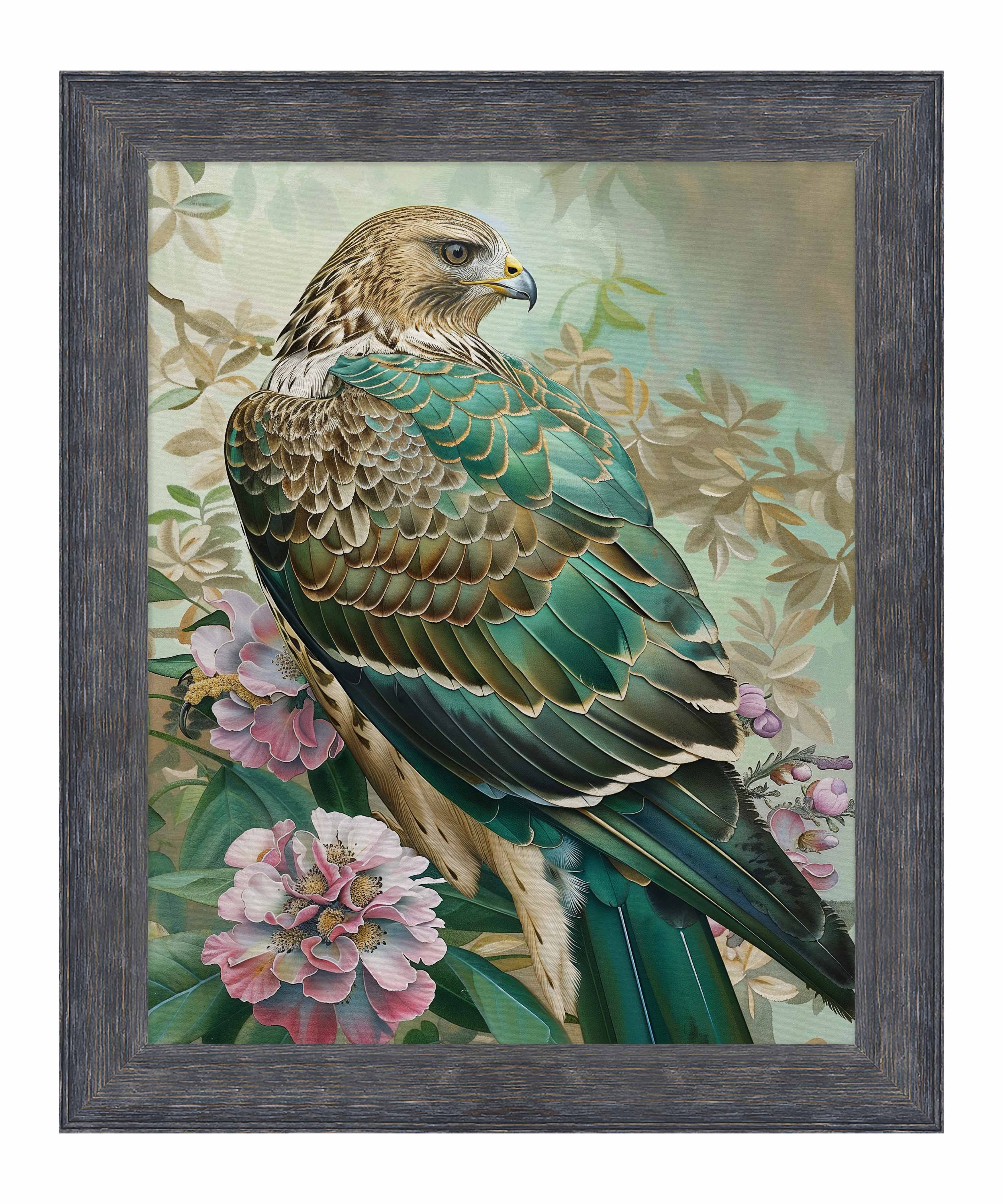 Emerald Majesty Hawk Amidst Blossoms Limited Edition Canvas Wall Art - Nature Inspired Home Decor for Living Room, Bedroom & Office