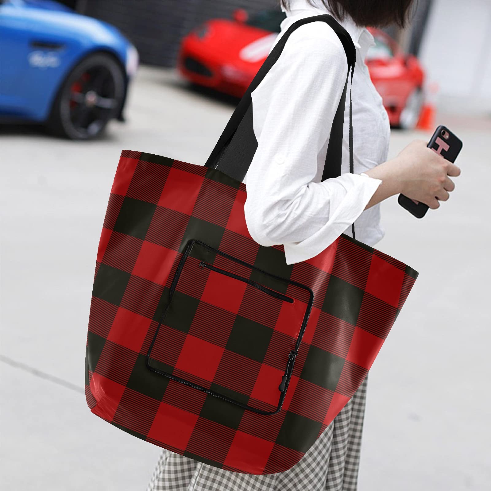 ALAZA Merry Christmas Plaid Buffalo Large Reusable Tote Bag - Foldable Lightweight Grocery Shopping Bag with Handles for Women, Outdoor Picnics, Travel & Holiday Gift Giving