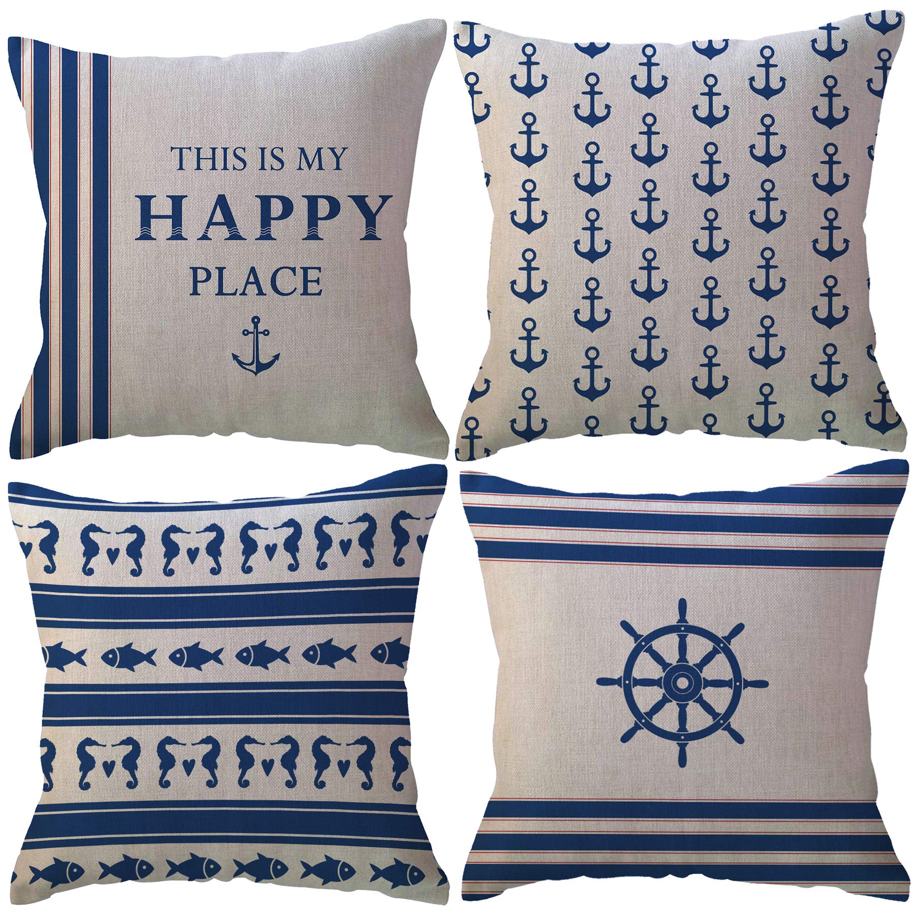 ULOVE Navy Blue Sailing Decorative Throw Pillow Covers 18x18 Inch - Set of 4 Nautical Beach House Decor Pillowcases for Sofa, Bed & Couch - Perfect for Coastal Living Rooms, Beachfront Vacation Homes and Nautical-Themed Bedrooms