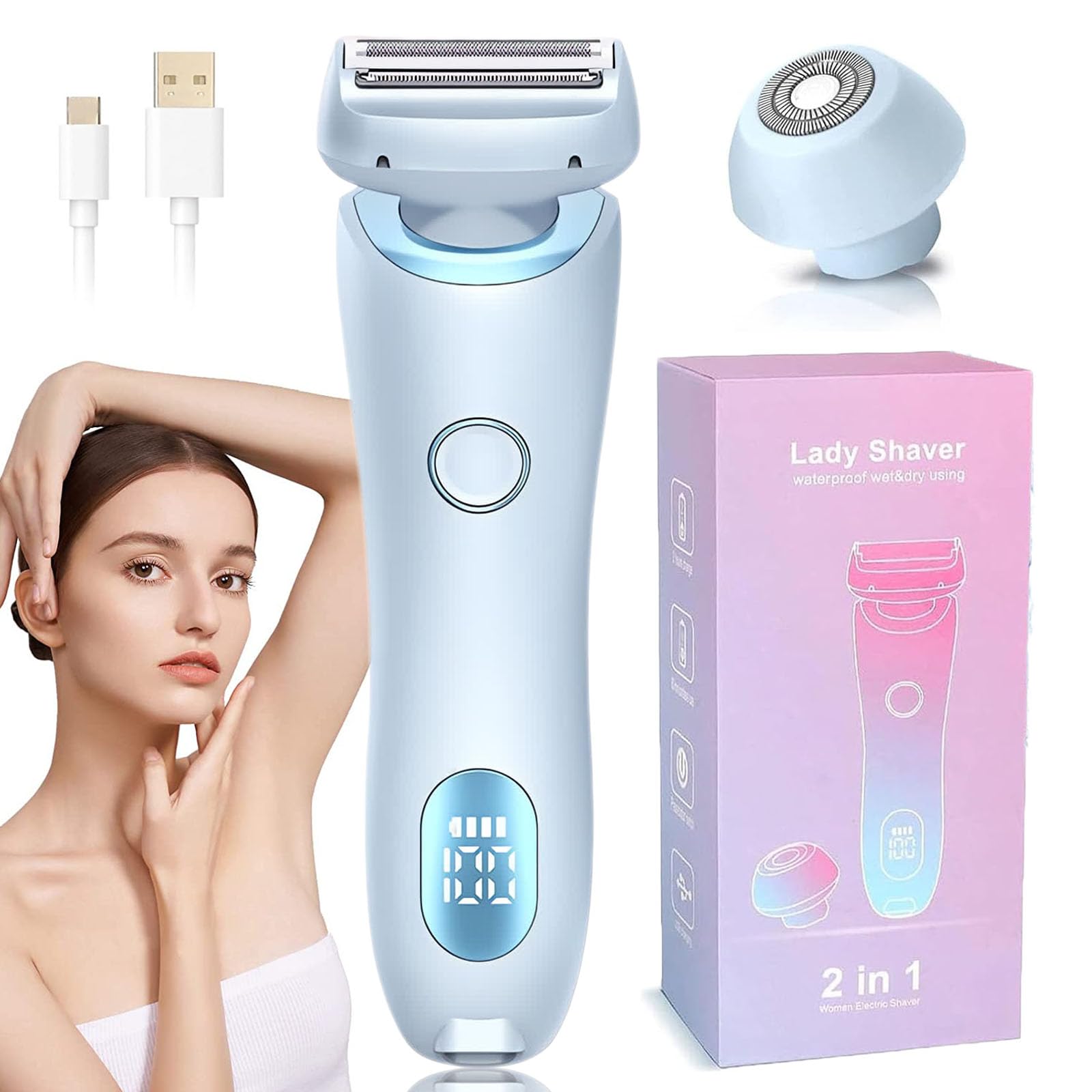 2025 Best Electric Razor for Women - Dual Head Detachable Shaver for Smooth Skin, Wet & Dry Use, IPX7 Waterproof (Blue) | Perfect for Travel, Gym & Everyday Hair Removal