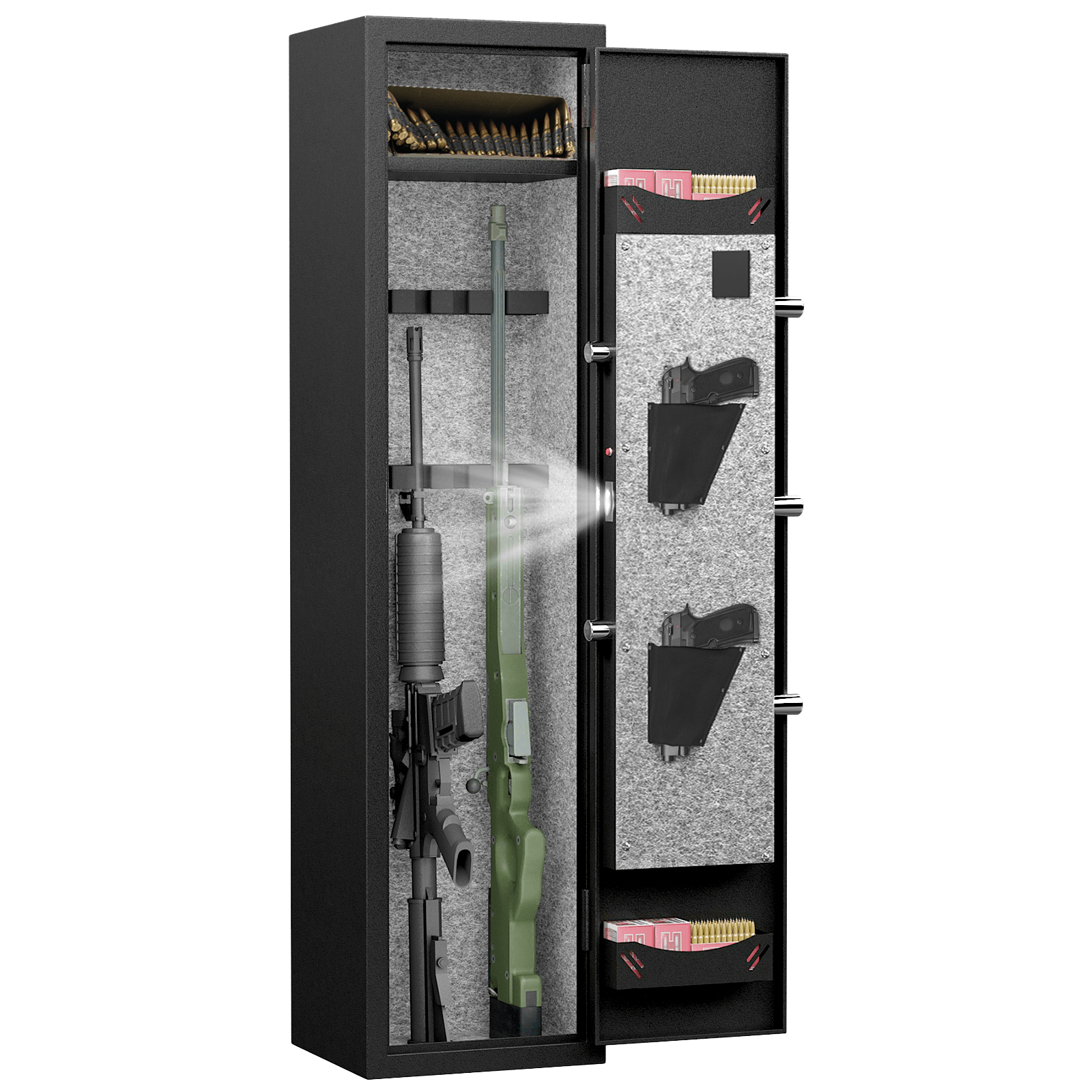 High Security Steel Rifle Cabinet – 3-4 Gun Capacity with Electronic Lock, Solid Bolts, Dual Alarms & LED Lighting – Silent Operation for Home, Office & Hunting Safety Storage