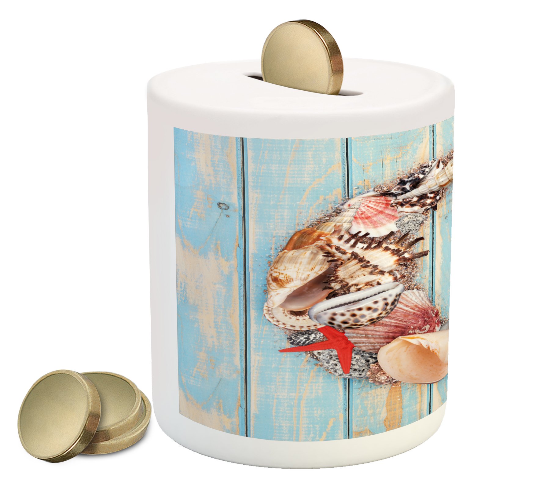 Ambesonne Ceramic Letter G Piggy Bank - Nautical Theme with Marine Animals, Seashells & Starfish - Money Saving Coin Bank for Kids & Adults - Ideal for Birthday Gifts, Home Decor & Cash Savings (Pale Blue, Ivory, Dark Coral)