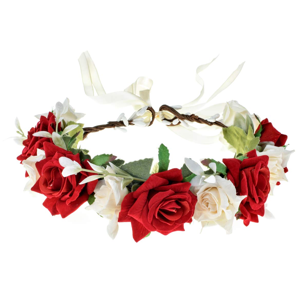 Rose Flower Headband Floral Crown Garland Halo for Women - Elegant Rose Red & White Bridal Hair Accessories for Weddings, Festivals, and Boho Photoshoots