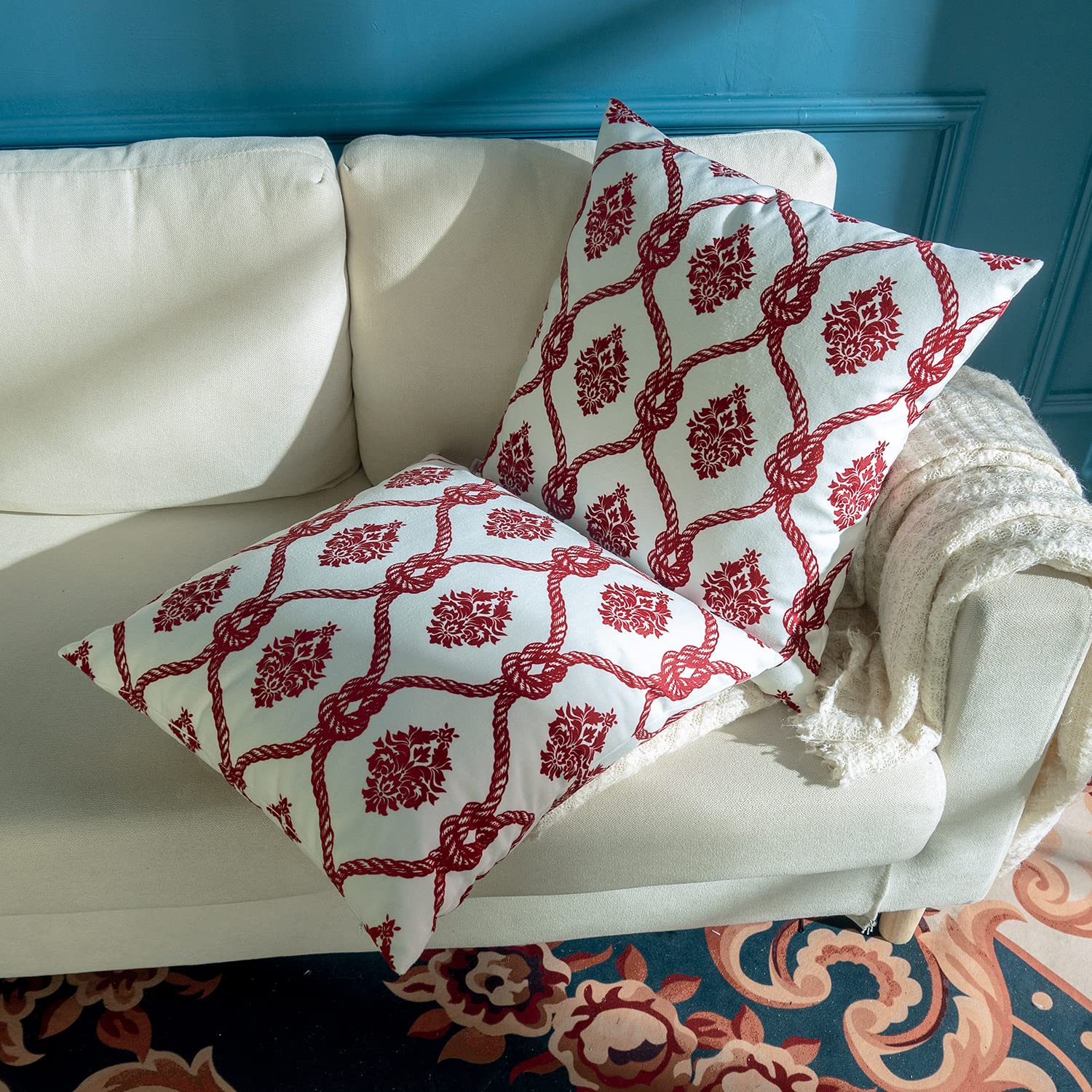 Soft Plush Red Throw Pillow Cover 20x20 - Modern Boho Farmhouse Decorative Cushion Case with Pattern Printing - Set of 2 for Sofa, Living Room, Bed & Couch Decor - Cozy Home Accent for Spring & All Seasons