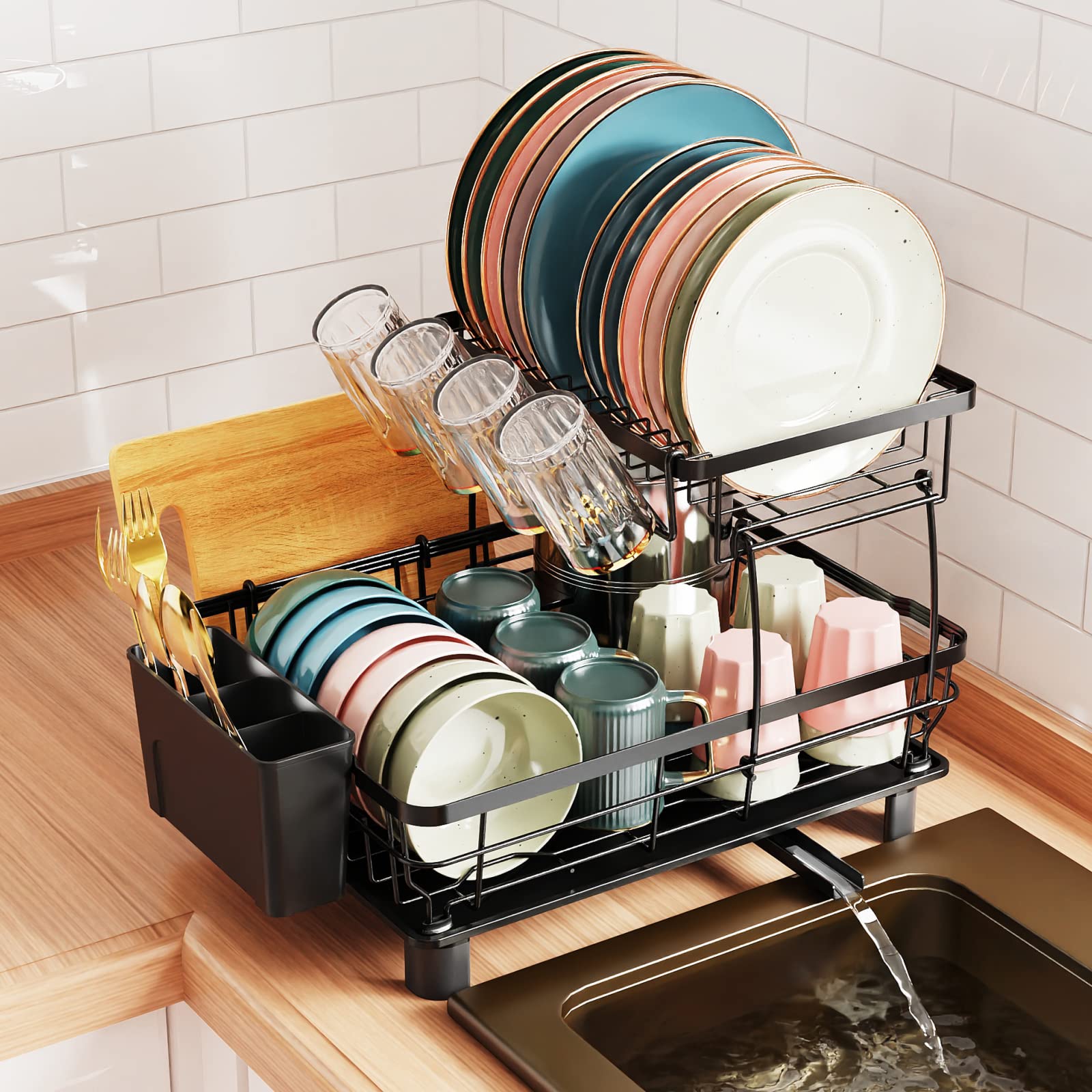 **GSlife 2-Tier Large Dish Drying Rack with Drainboard - 12 Plate Slot, Utensil Holder, Cup Holders & Cutting Board Holder - Space-Saving Kitchen Counter Organizer (Black) - Perfect for Small Kitchens, Apartments & Dishwashing Efficiency**