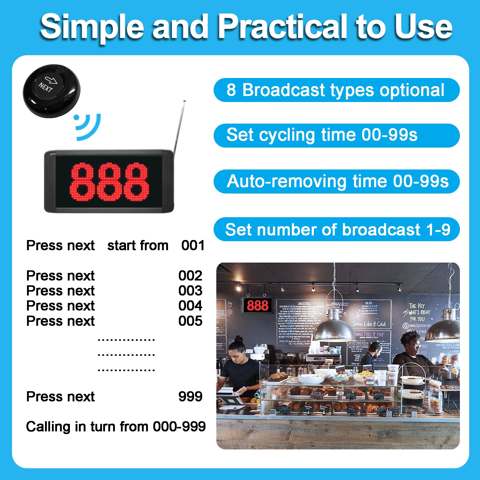 Restaurant Pager System - 3-Digit Display Queue Management with Loud Speaker & Caller Screen - Efficient Waiting Number Calling for Restaurants, Cafes & Clinics (Next-Black) - Perfect for Host Stands, Takeout Counters & Customer Flow Management