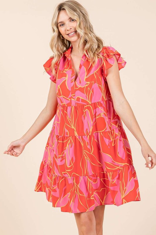 Mittoshop Floral Leaf Print Ruffle Sleeve Tiered Mini Dress for Women - Summer Party, Beach Vacation, Date Night Outfit