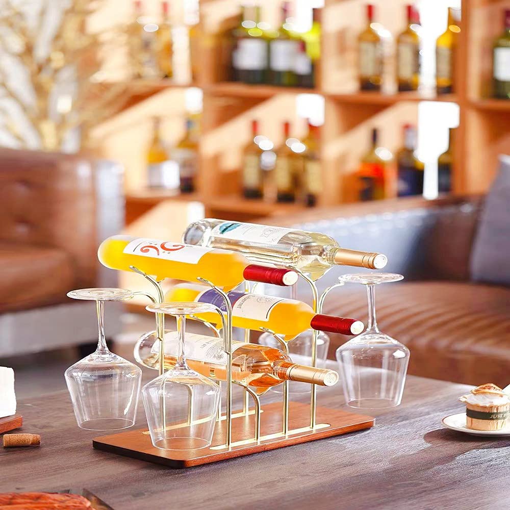 Wooden Countertop Bottle Rack - Holds 6 Wine Bottles - Gold Metal & Wood Tabletop Holder for Kitchen, Bar, Cellar Storage - Perfect for Home Decor, Cabinet & Pantry Organization - Ideal for Wine Lovers & Entertaining Guests