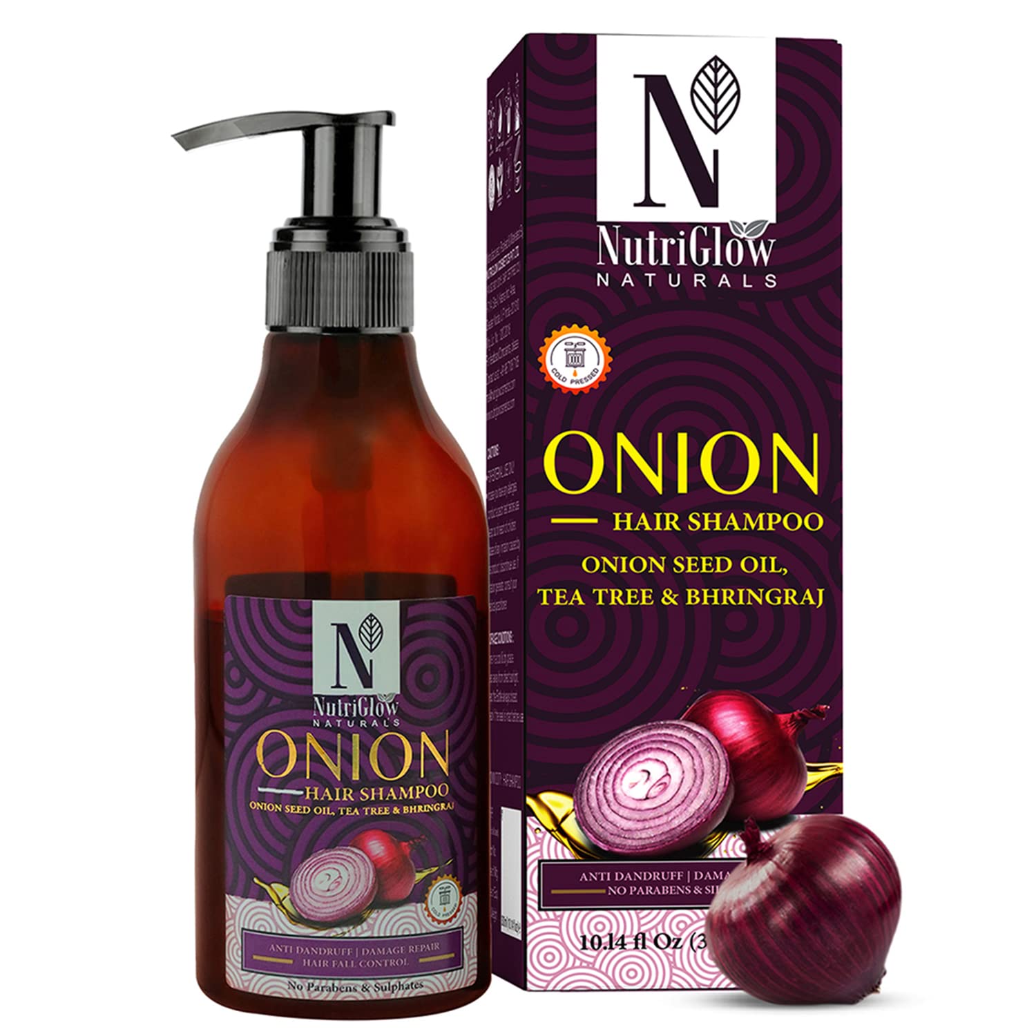 NutriGlow NATURAL'S Onion Hair Shampoo with Onion Seed Oil - Anti Dandruff & Hair Loss Treatment for Deep Nourishment & Shiny Hair (300ml) - Perfect for Daily Hair Care & Scalp Health