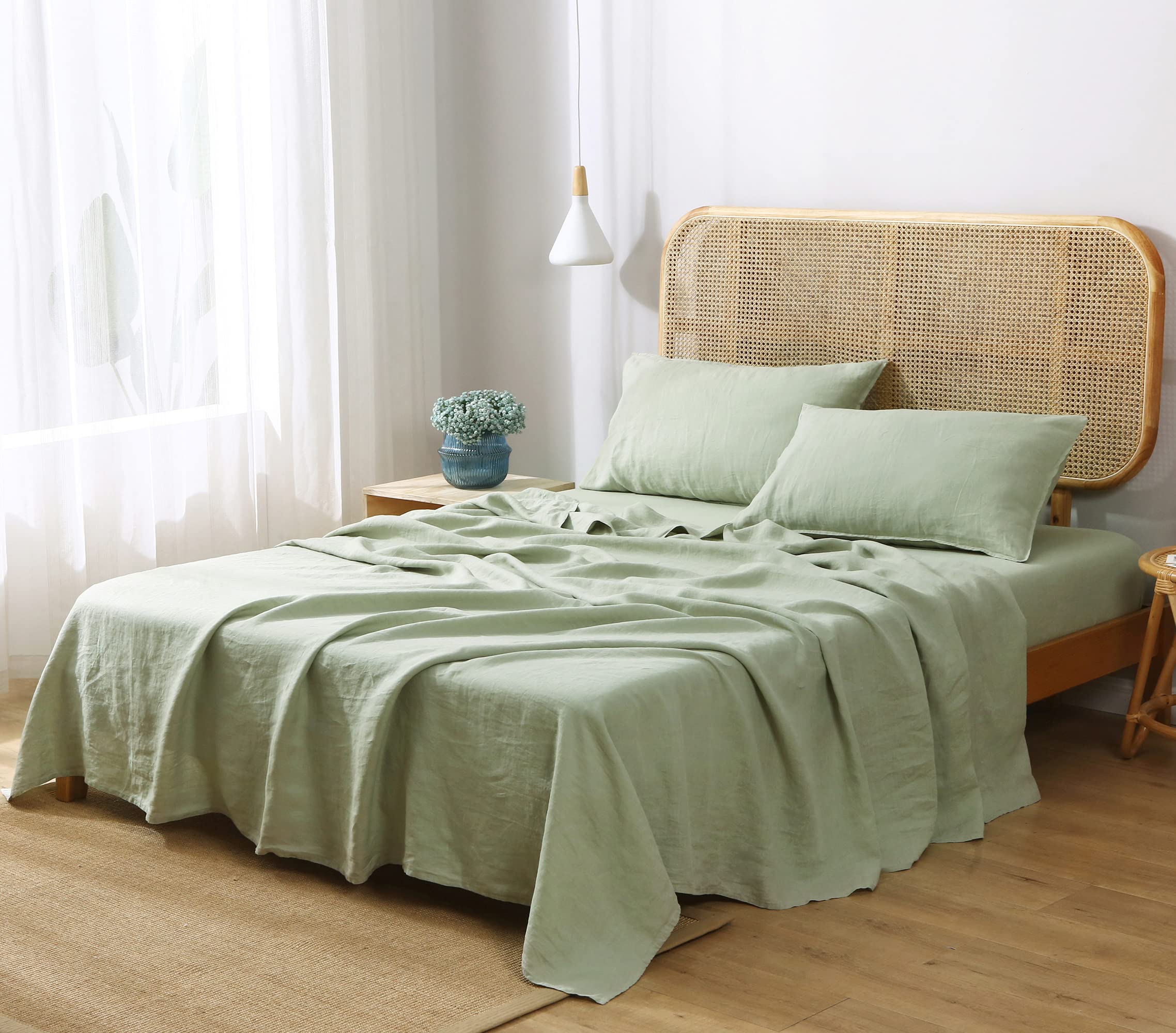 100% Organic French Natural Linen Bed Sheets Set - Stone Washed 3-Piece Ultra Soft & Breathable Luxury Bedding (Light Green, Twin Size) | Eco-Friendly Home Decor for Master Bedroom, Guest Room & Vacation Homes