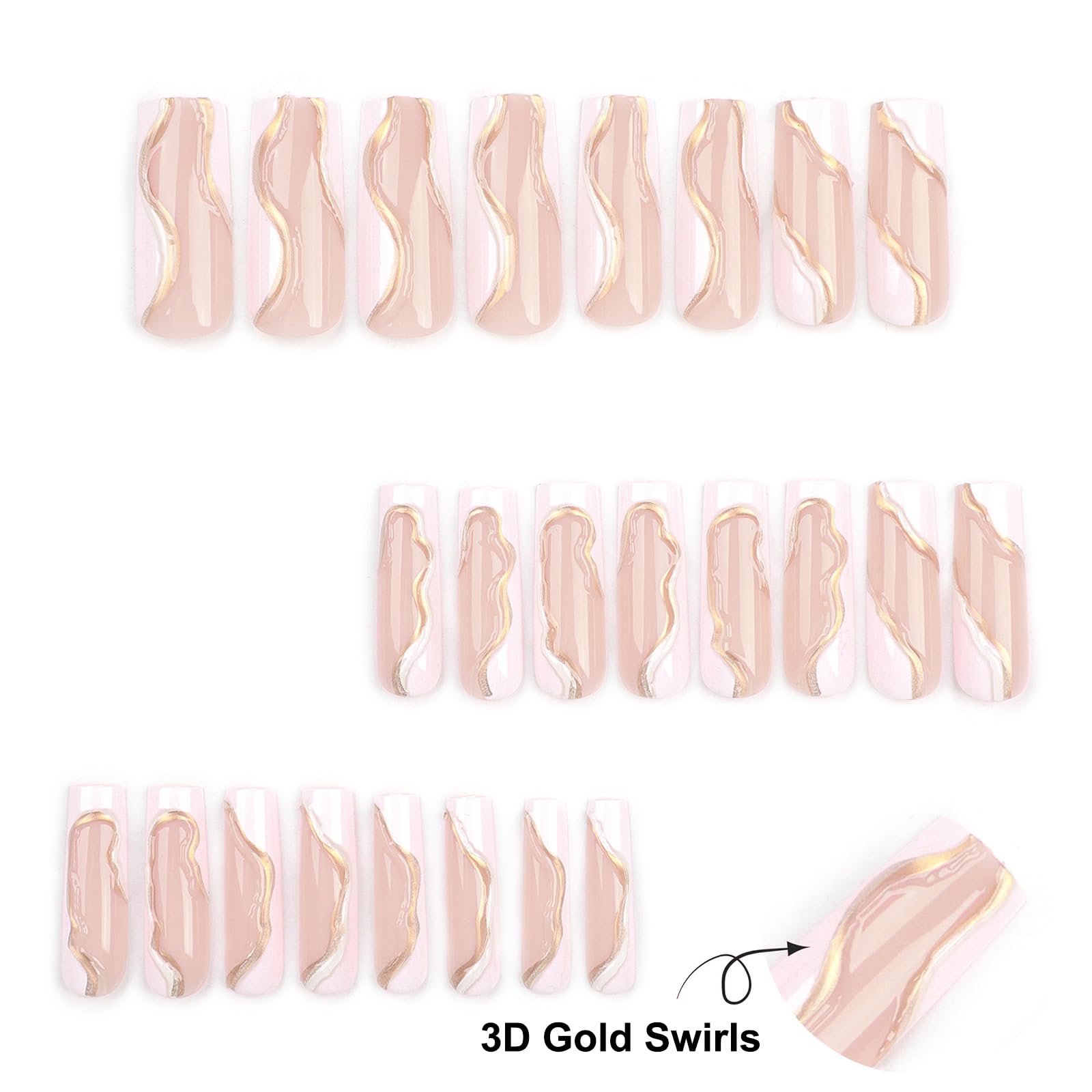 Aegenacess Extra Long Press On Nails - 24pcs Square Fake Nails with 3D Gold Swirls, White & Nude Colors, Includes Glue Stickers, Handmade Stick On Nails in 12 Sizes - Perfect for Parties, Weddings & Special Occasions