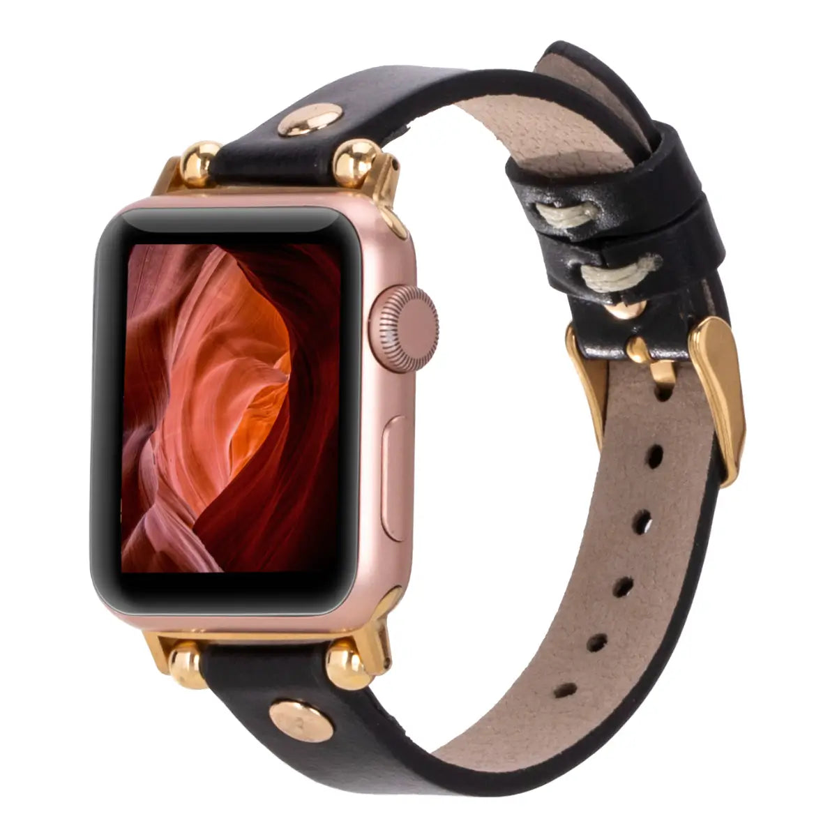 Premium Black Leather Ultra Slim Apple Watch Band with Gold Rivets - Stylish & Lightweight for Everyday Wear, Workouts & Formal Occasions
